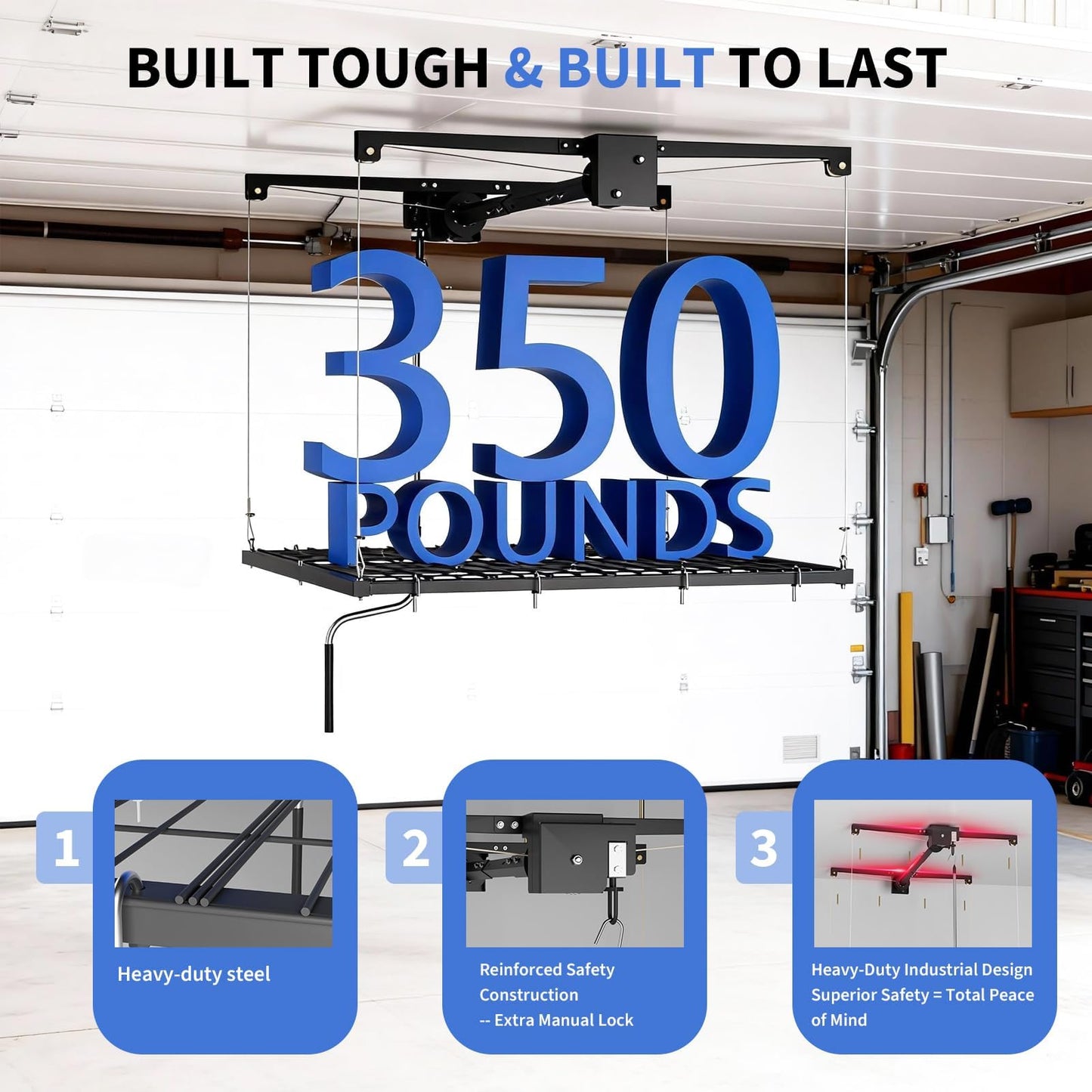 Overhead Garage Lifting Storage Rack, 4x4 ft Heavy-Duty Carbon Steel Ceiling Storage Rack, Adjustable Organization System, 350Lbs Safe Load (Tested to 600Lbs), Manual Crank Lift Design