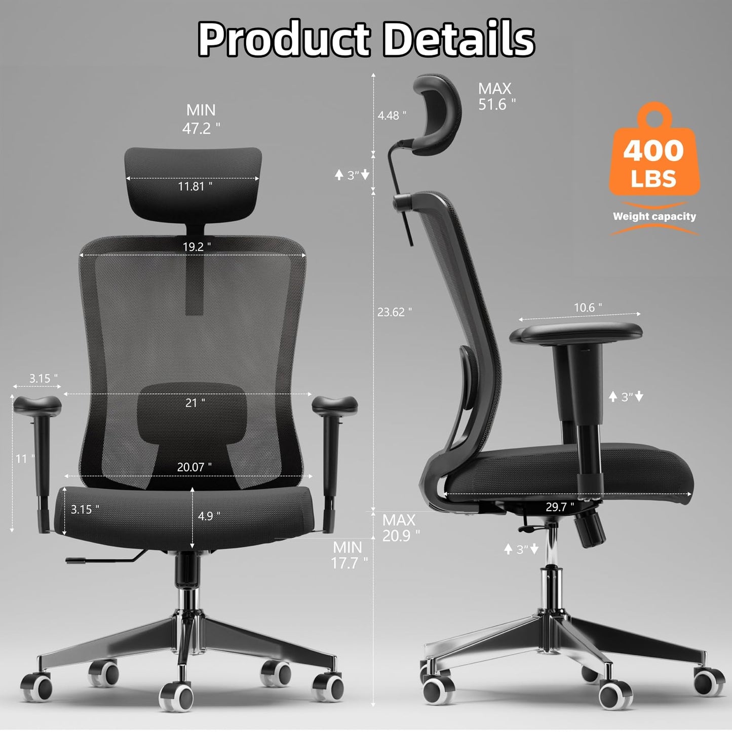 Monhey Ergonomic Office Chair, 90°-125° Tilt Back Home Desk Chair with 360° Swivel & Mute Wheels, High Back Mesh Computer Chair for Adults with Lumbar Support, 330 LBS Capacity (08All Black)
