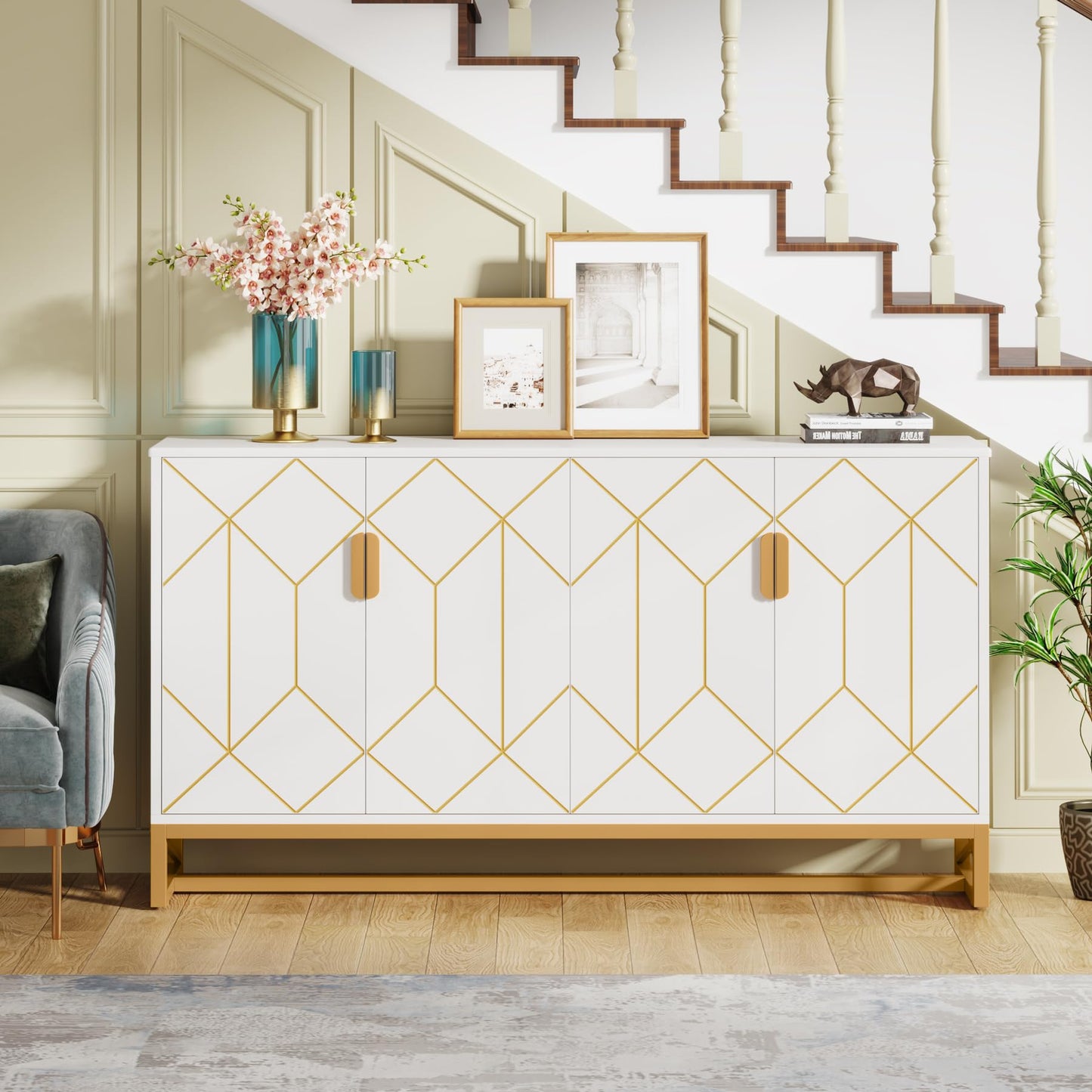 LITTLE TREE Storage Cabinet with Storage Shelves for Living Room, Modern Sideboard Buffets Cabinets Coffee Bar with Gold Metal Frame 4 Doors for Kitchen Dining Room Entryway Bedroom, White