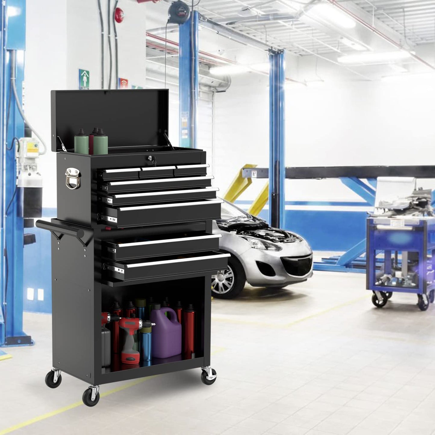 DUSACOM 8-Drawer High Capacity Rolling Tool Chest, Removable Cabinet Storage Tool Box with Wheels and Drawers, Detachable Toolbox with Lock for Workshop Mechanics Garage (Black)