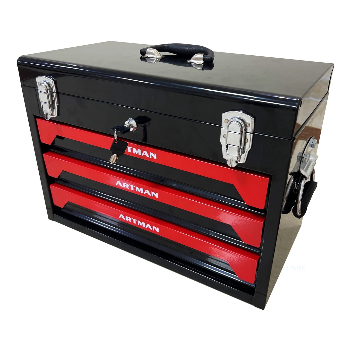 Mechanics Tool Box Organizer, Portable Tool Chest with 3 Drawers, Lockable Tool Storage Cabinet with Metal Latch Closure for Home, Garage, Warehouse, Repair Shop