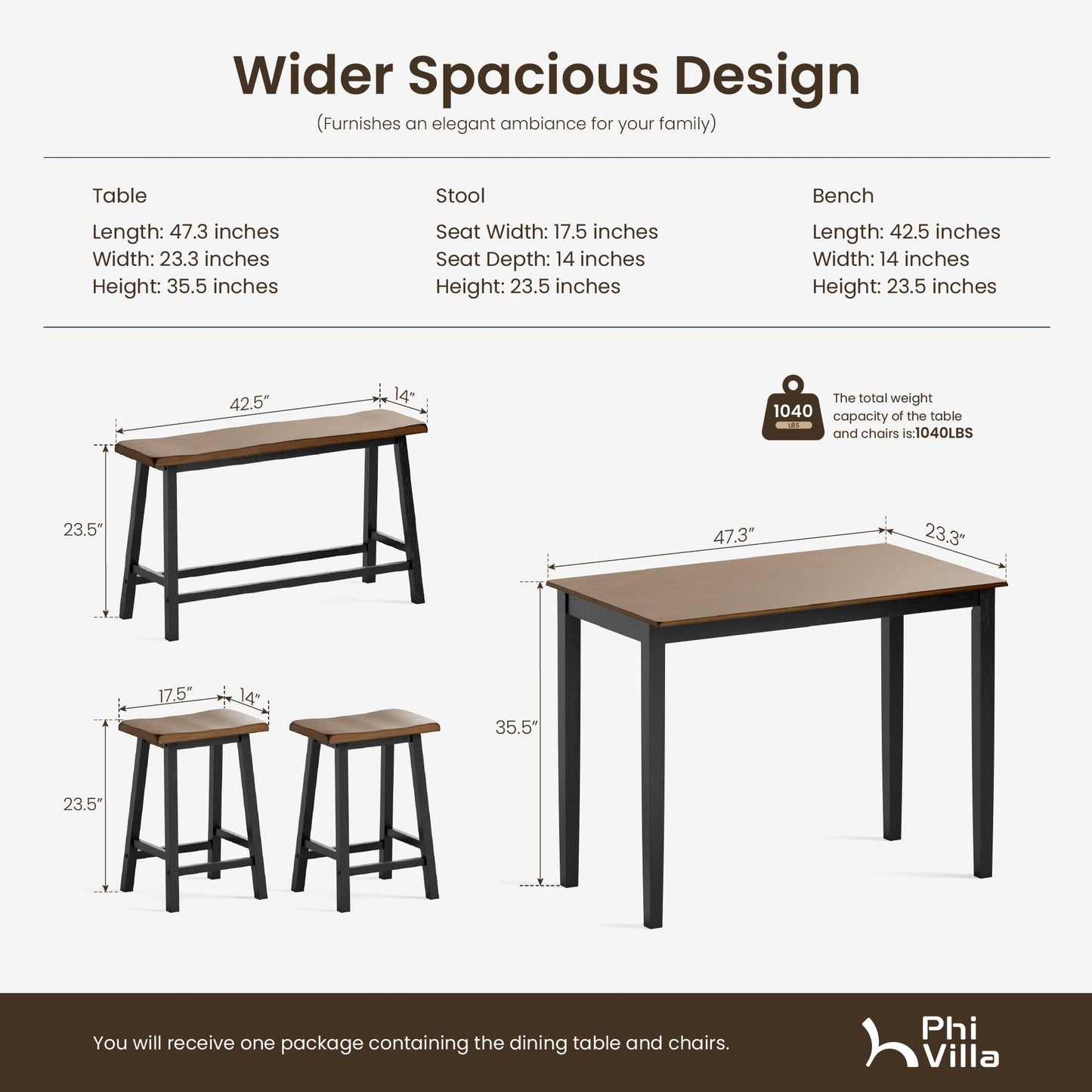PHI VILLA Counter Height Table and Chairs, Solid Wood Dining Table Set for 4, High Top Kitchen Table Chairs Set of 4, Farmhouse Kitchen Table Set with Bench and Chairs, Walnut with Black