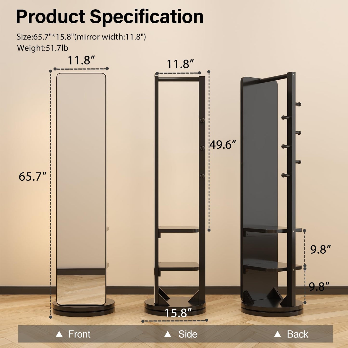 AnywaysWood Full Length Mirror with Stand,Mirror Coat Rack,65.7 ''×15.8 ''Floor Mirror for Bedroom, Living Room, Dressing Room (Black)