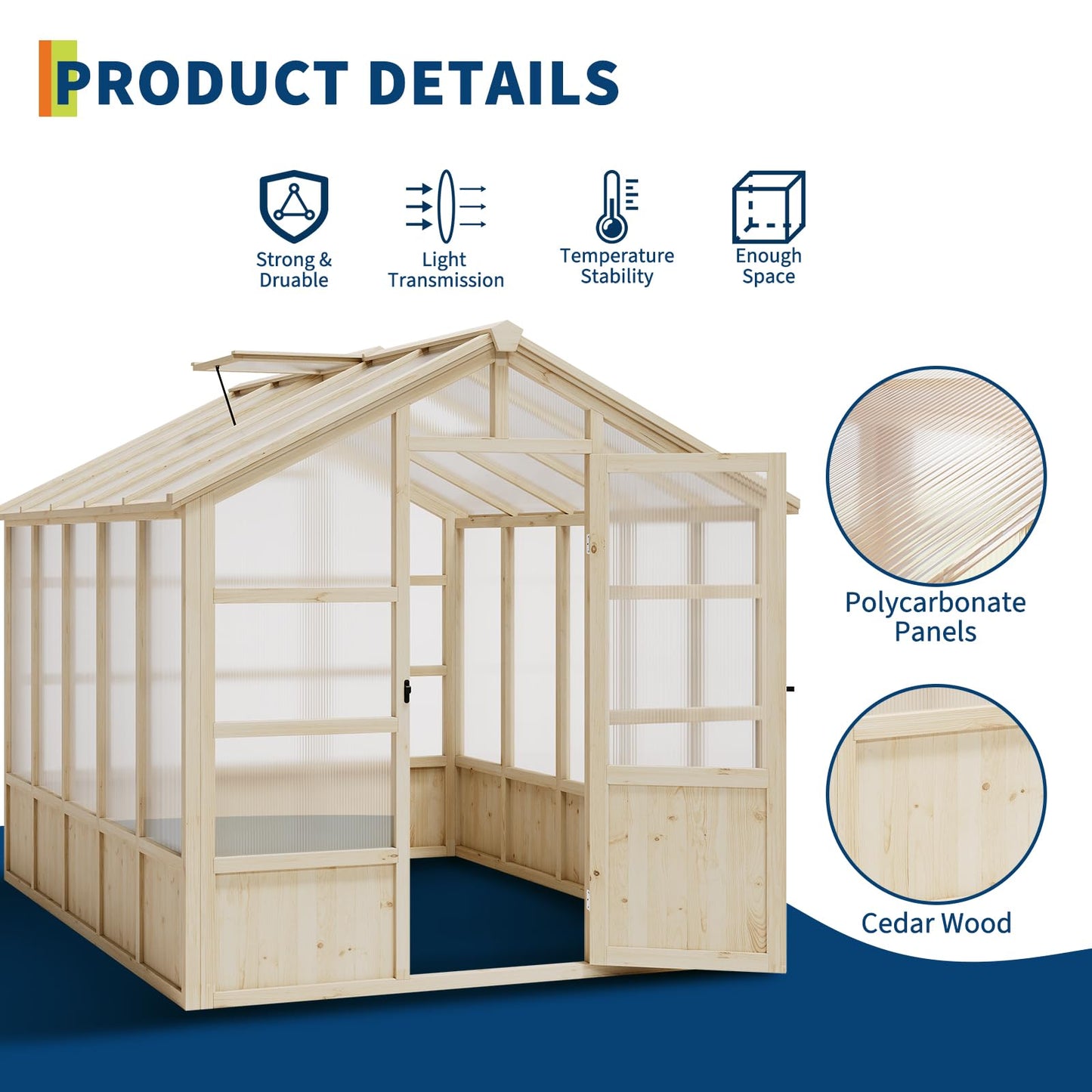 10x8FT Wooden Greenhouse, Greenhouses with Lockable Door, Wood Frame & Adjustable Vent, Greenhouse with for Outdoor, Garden, Yard, Light Brown