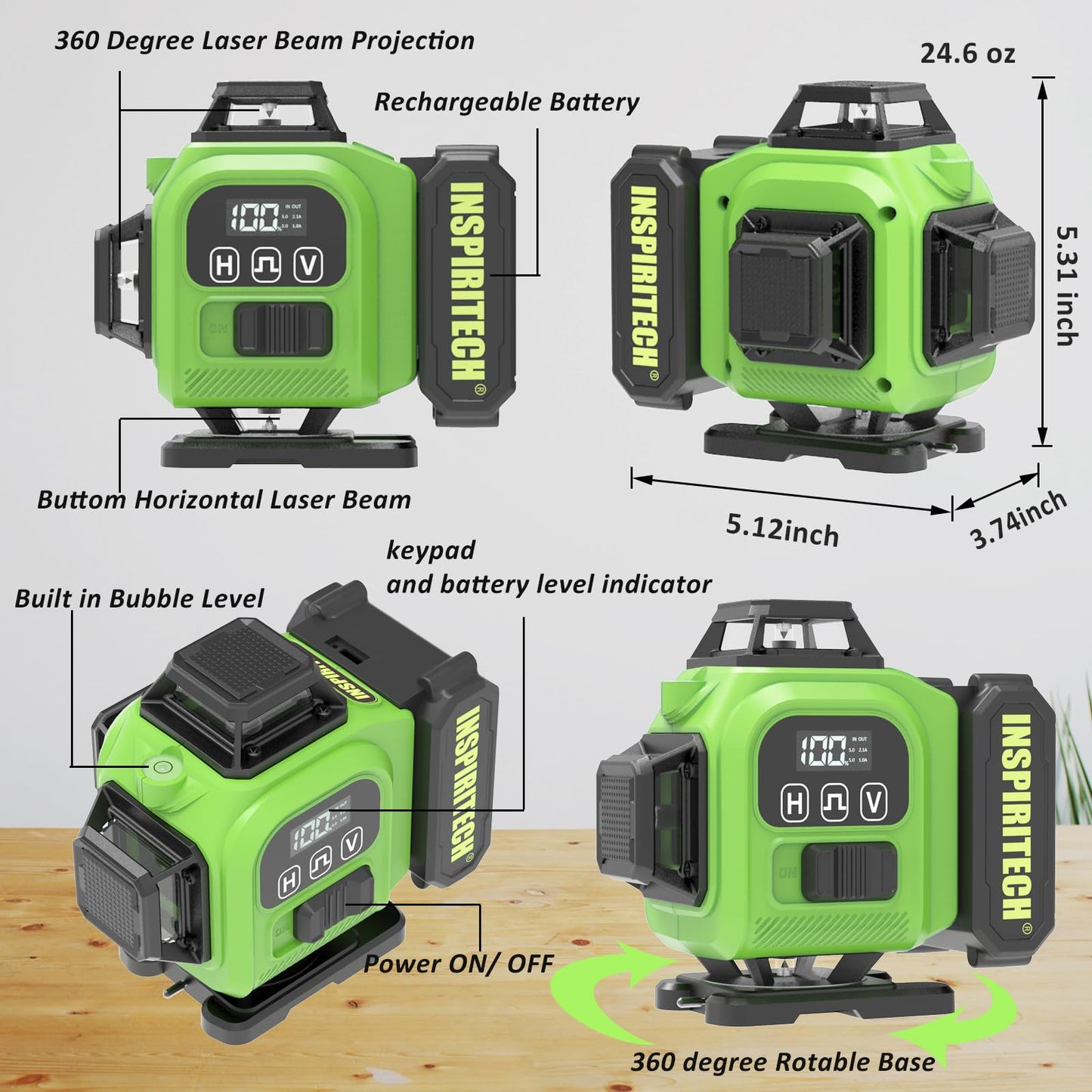 INSPIRITECH Laser Level 360 Self Leveling with Hard Case & Remote, 4x360 Rechargeable Green Line Laser for Framing Wall Ceiling Floor Tile