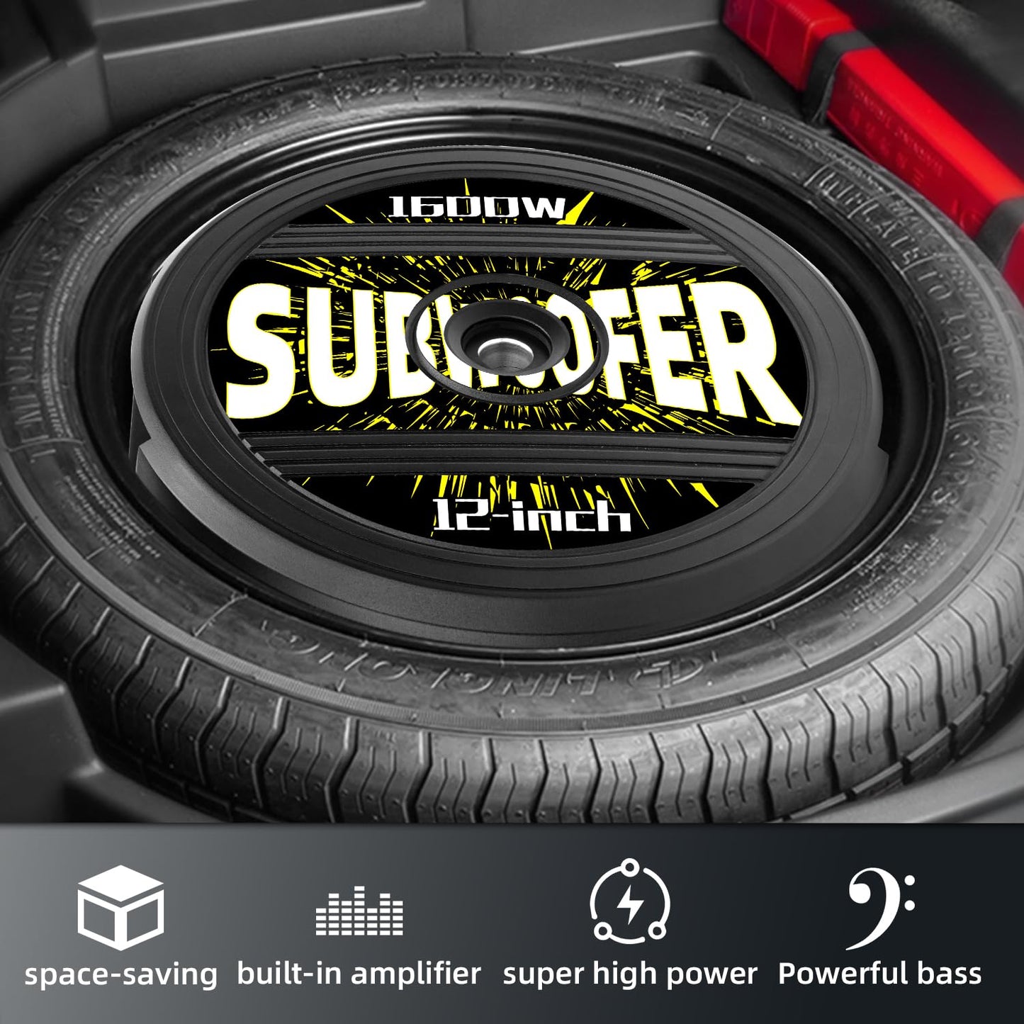 12" Active Spare Tire Subwoofer - 1600W Power, Plug & Play Car Subwoofer with Remote Control | Specifically Designed for Spare Tire Well | Deep Bass Car Amplifier Audio System, Easy Installation