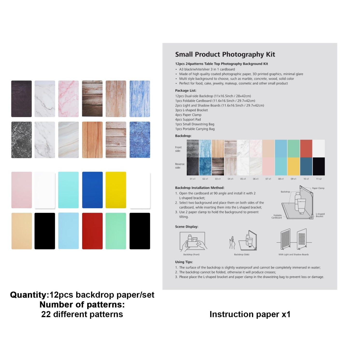 Meking 12Pcs 22Patterns Small Product Photography Backdrops Kit Photo Background Food Photography Backdrop Board with Carrying Bag and Drawstring Bag(16.5X11inch)