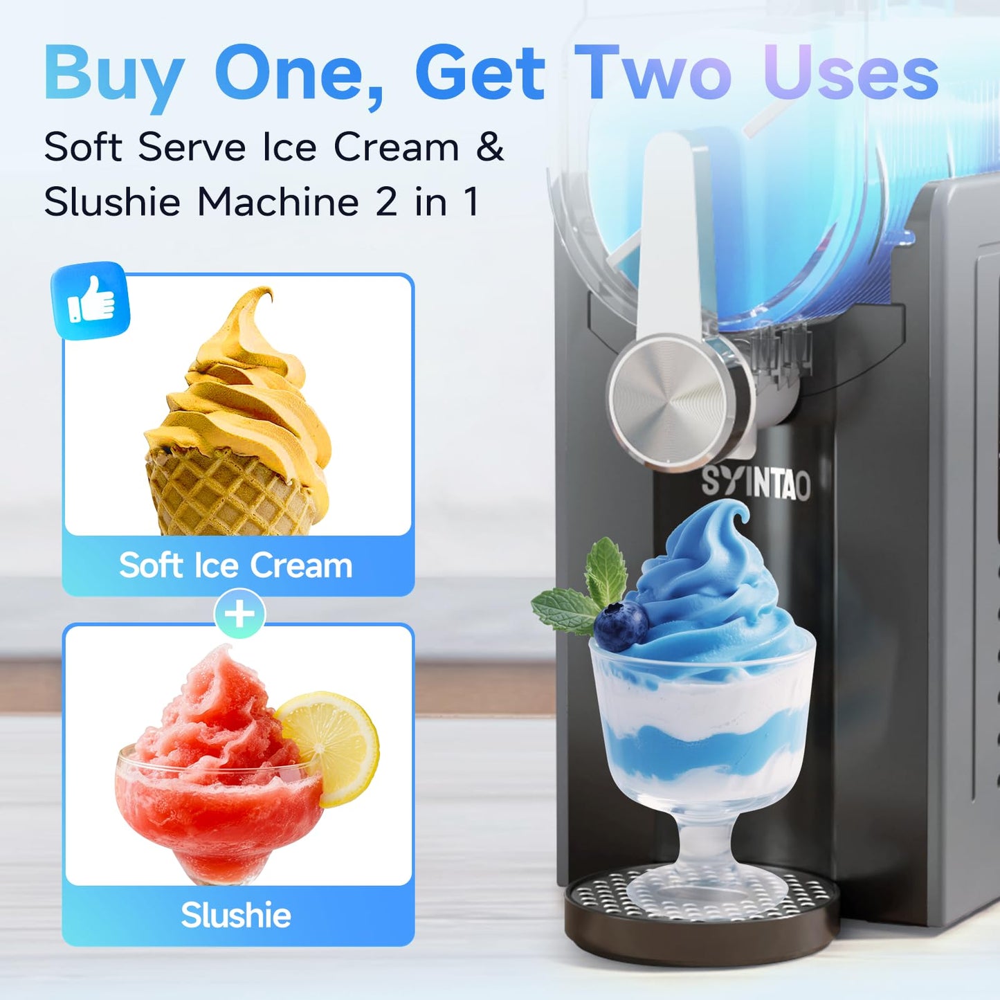 SYINTAO 2-in-1 Slushie & Soft Serve Ice Cream Maker, 88oz No-Ice-Needed Frozen Drink Machine with LED Display, 6 Preset Modes, Auto-Clean & Delay Timer – Gift for Family