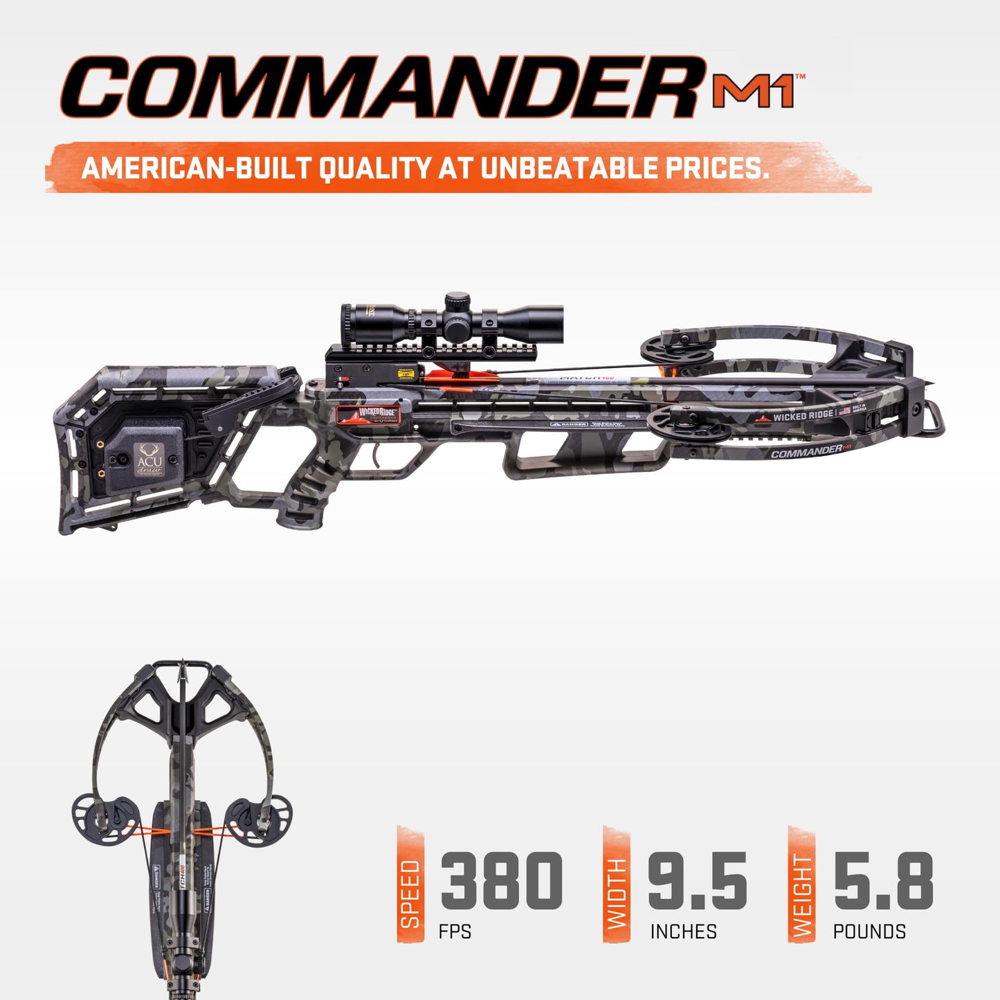 Wicked Ridge by TenPoint Commander M1, Peak Camo - 380 FPS - Includes Built-in ACUdraw, Multi-Line Scope & Three Match 400 Carbon Arrows - American-Built, Narrow Profile All at $599.99