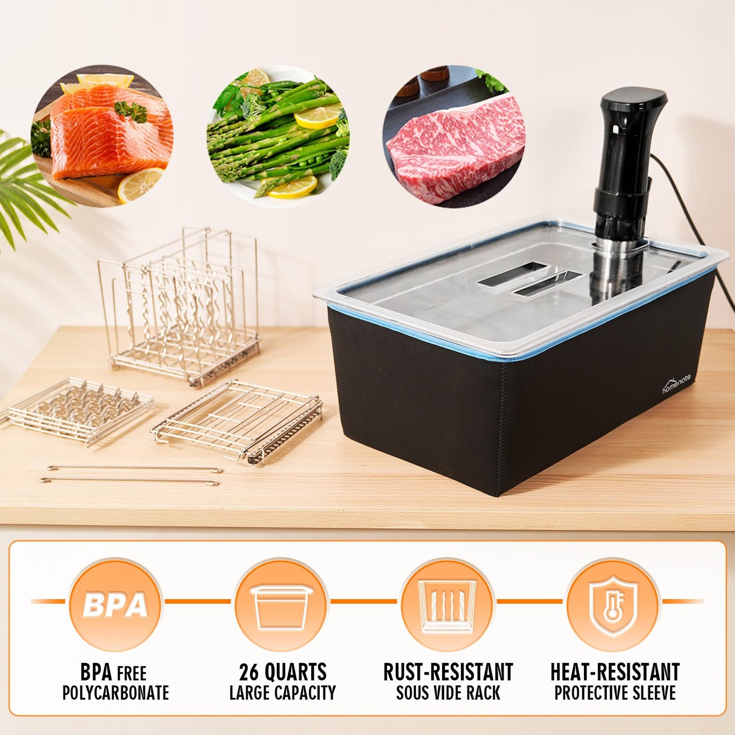 HOMENOTE Large Sous Vide Container 26 Quarts with Lid,Complete Sous Vide Accessories Kit BPA Free,Compatible with Anova and Most Sous Vide Cookers(Comes with 2 Sous Vide Racks and Insulating Sleeve)