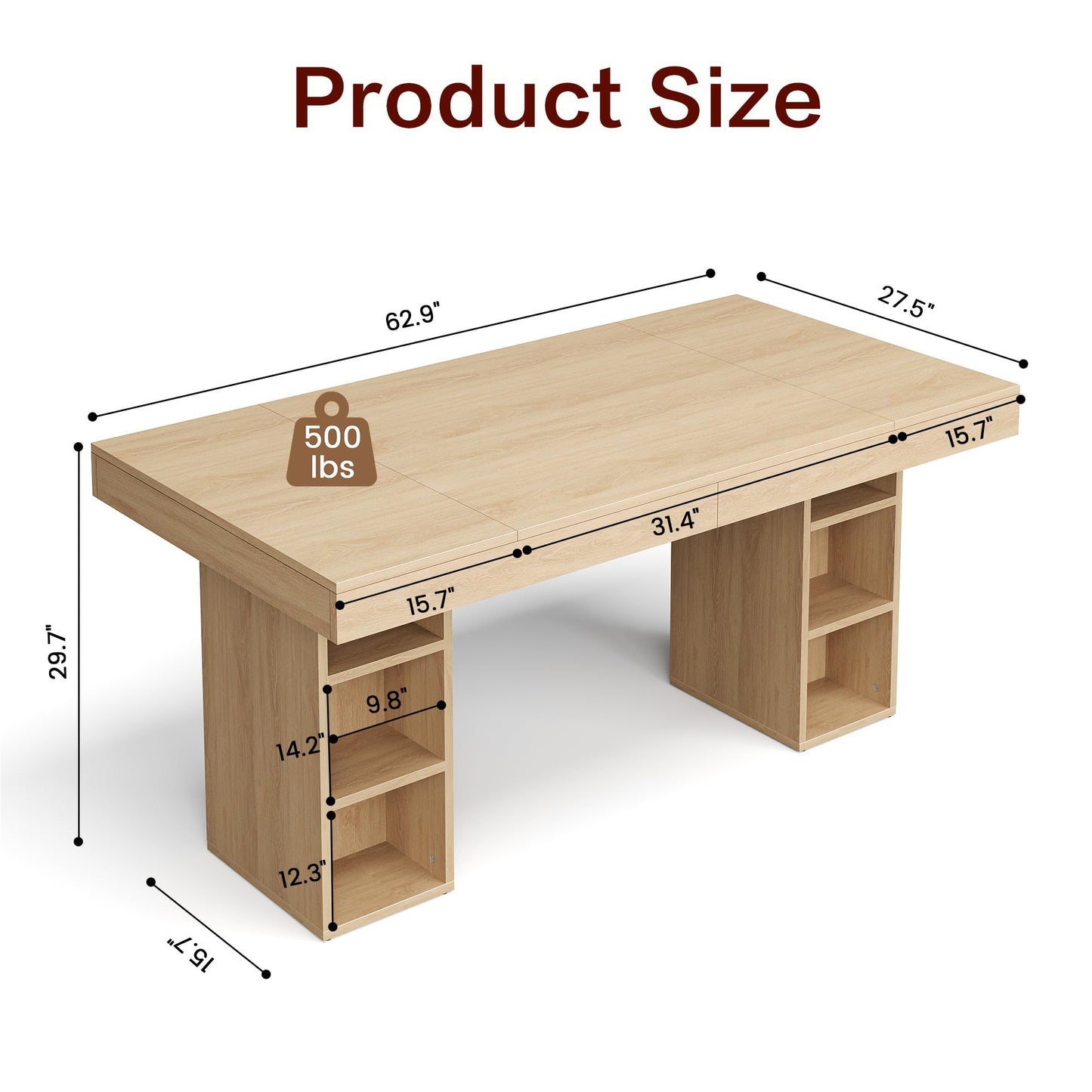 IDEALHOUSE 63”Executive Desk with Cabinet Storage, Farmhouse Home Office Desk, Wooden Computer Desk with Extra Thickened Tabletop & Metal Frame, for Work Study Writing, Oak