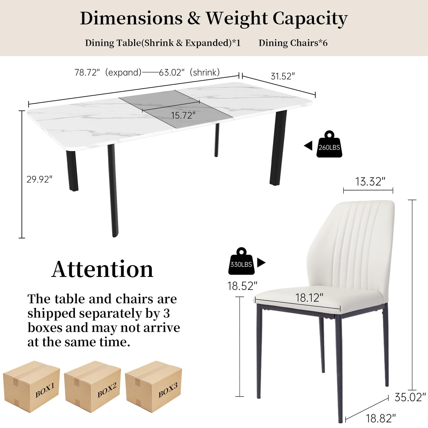 HIPIHOM Extendable Dining Table Set for 6-8 People, 63 to 78.7 Inch MDF Kitchen Table with 6 Upholstered Chairs, Space-Saving for Dining Room, Breakfast Nook(White Table & 6 White Chairs)