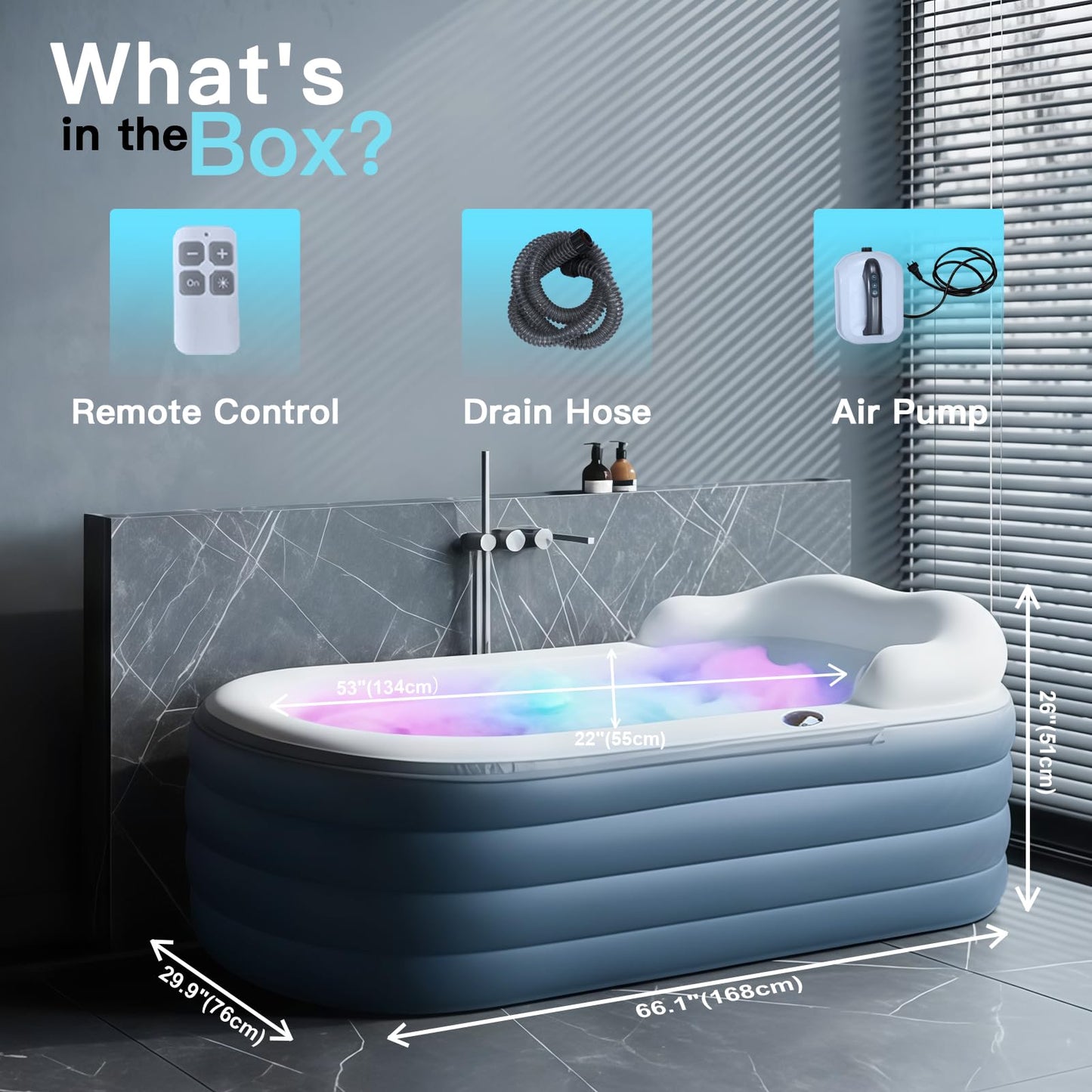 Adult Inflatable Bathtub with Air Bubble Mat, 66'' Portable Spa Water Therapy Soaking Tub with Romantic LED Lights, Pillow/Backrest/Armrests Supported (Air Pump Included)