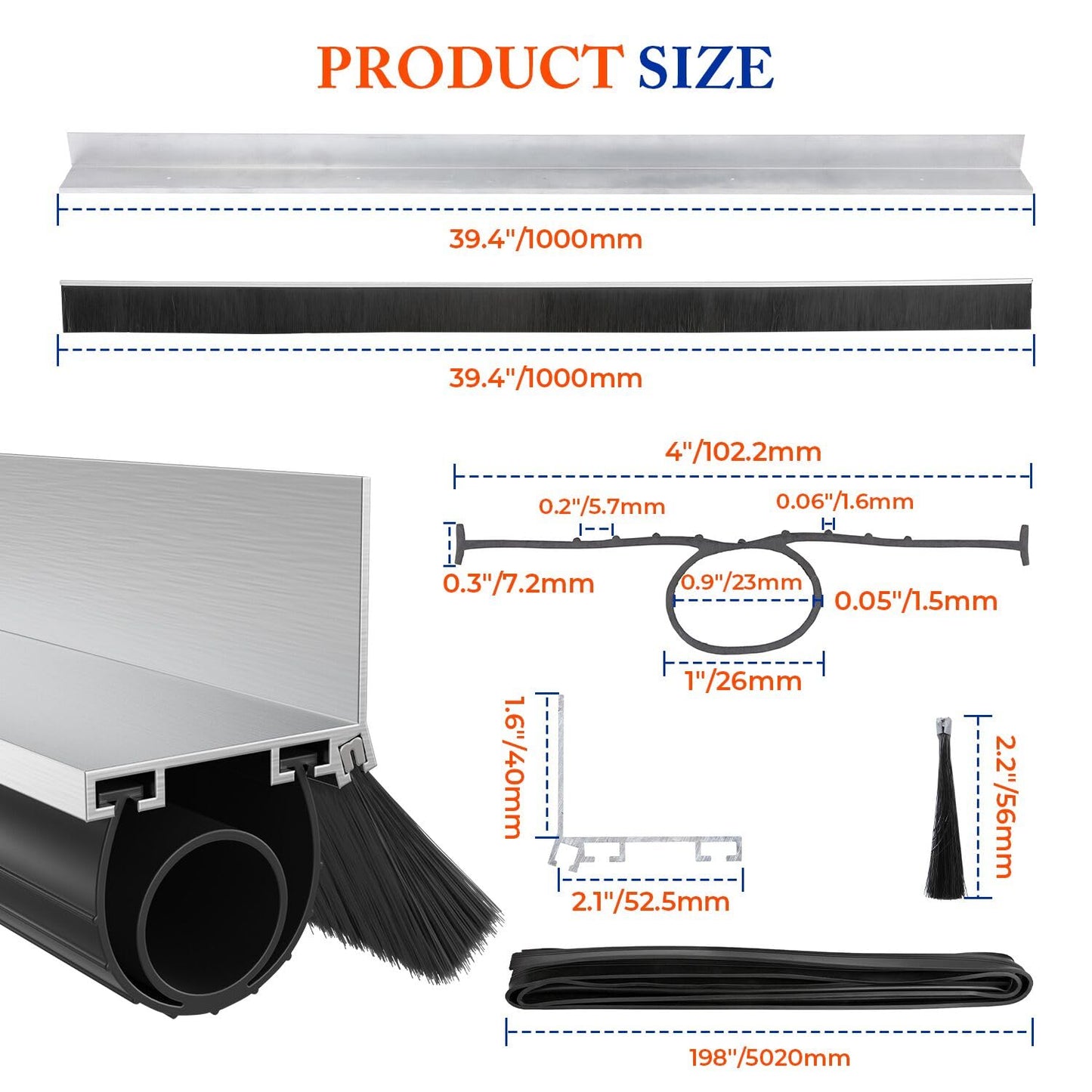 POWLAB Universal Garage Door Seals Kit -16.5FT EPDM U+O Bottom Rubber Weatherproof Seal & Brush, Pre-Drilled Aluminum Track Retainer Base Kit for Steel/Wooden Doors, Noise Reducing