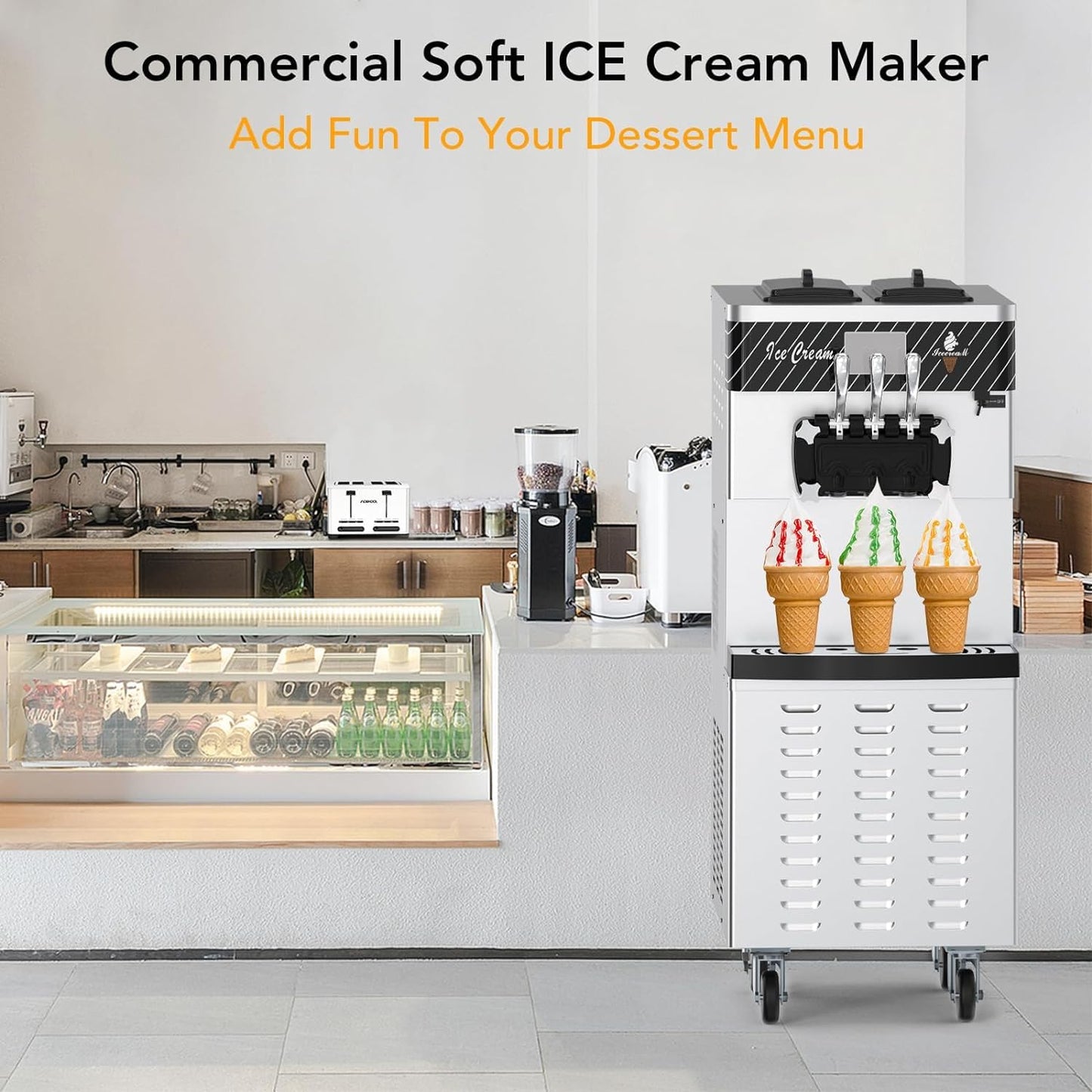 Commercial Ice Cream Maker with Two 12L Hoppers, 3 Flavors Soft Serve Machine. 2450W Compressor, Soft Ice Cream Machine with LCD Panel for Restaurants Snack Bar