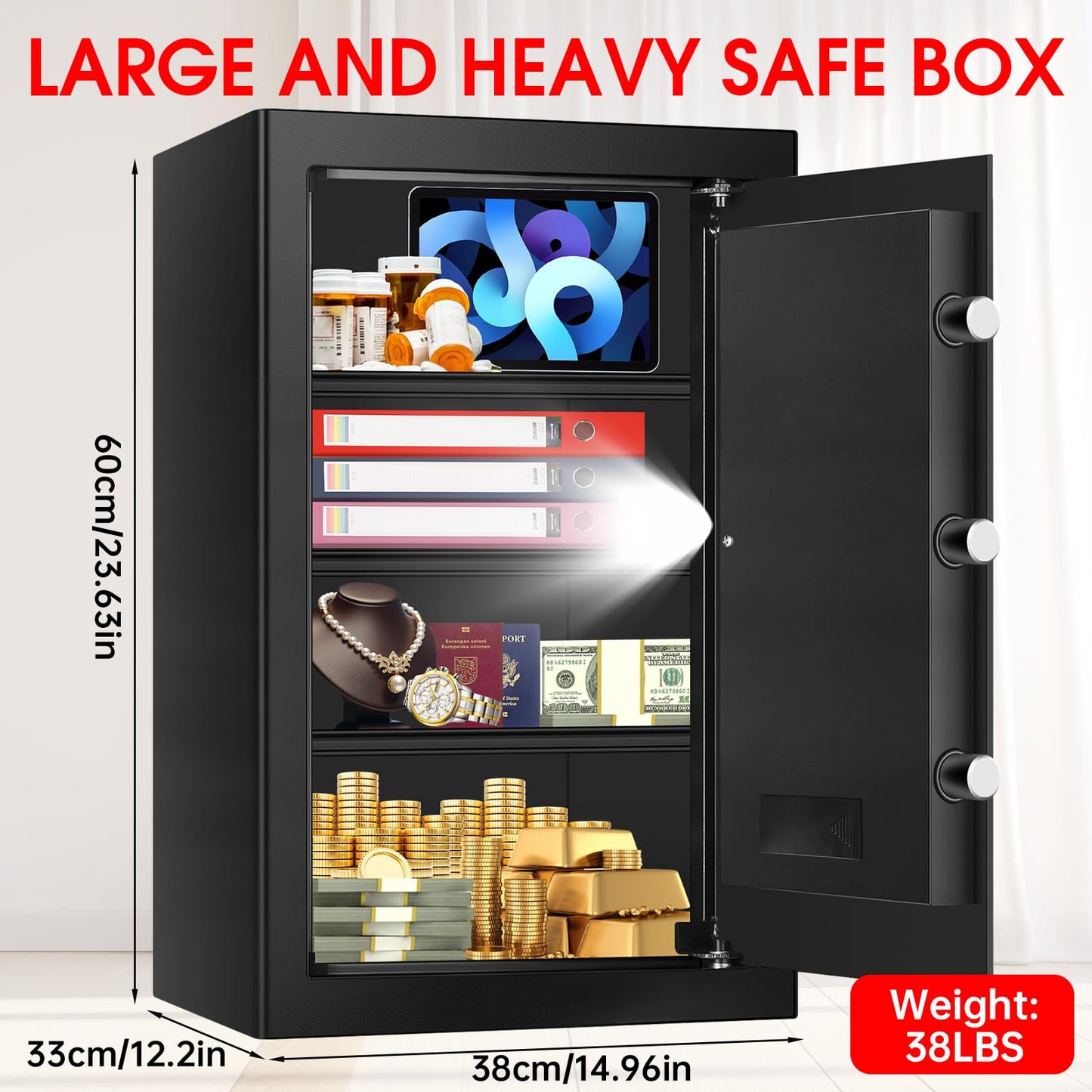 5.2 Cuft Large Home Safes Water and Fireproof, Fire Proof Safe for Home Use with Removable Shelves, Alarm System and Mute Function, Anti-Theft Safes for Home Use Fire and Water Proof for Document