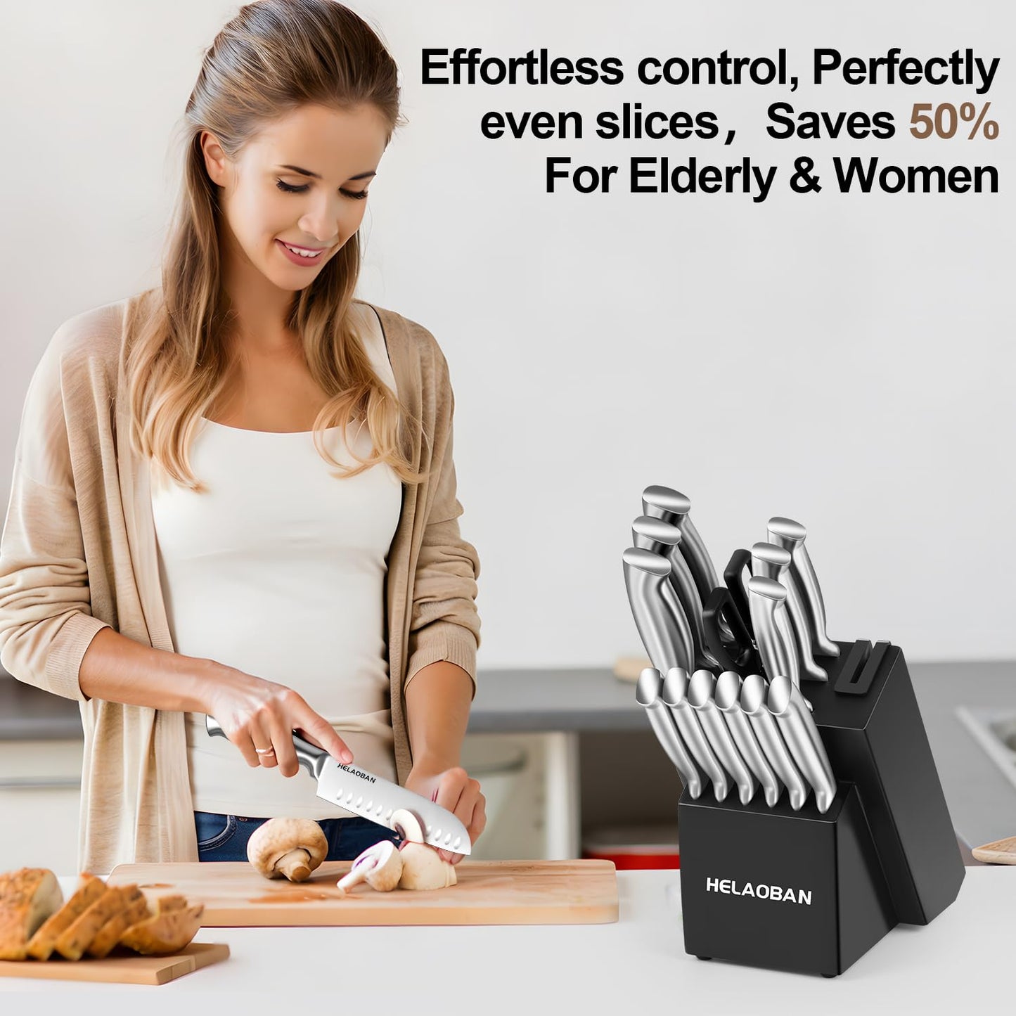 HELAOBAN 14-Piece Kitchen Knife Set with Block & Built-in Sharpener, Professional Chef Knives Set High Carbon Stainless Steel Sharp Cooking, Rust Proof, Dishwasher Safe, Wooden Block