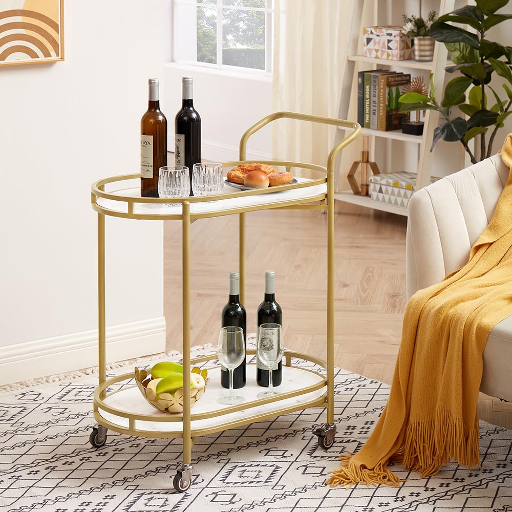 unipaws Bar Cart with Wheels, Easy Assembly Rolling Serving Bar Trolley with 2-Tier Shelves and Rotating Wheels for Home Kitchen Dining and Living Room (Gold & White)