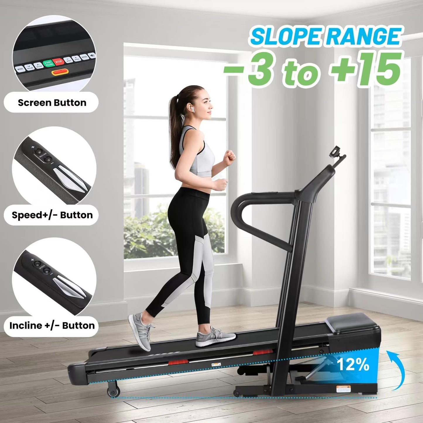 3.5HP Folding Treadmill for Home, 350 Lbs Capacity, Compact Space Saving Design, with -3% to 15% Incline Downhill & Uphill, 1-12.4 MPH Speed, APP Connectivity for Home Fitness