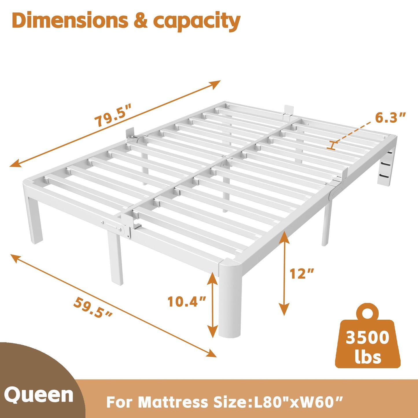 HQU 12 Inch Queen Bed Frame No Box Spring Needed, Platform Bed Frame with Metal Gaskets, Heavy Duty Steel Slat Support, Anti-Slip Mattress Stopper, Round Corner Leg, Easy Assembly, White