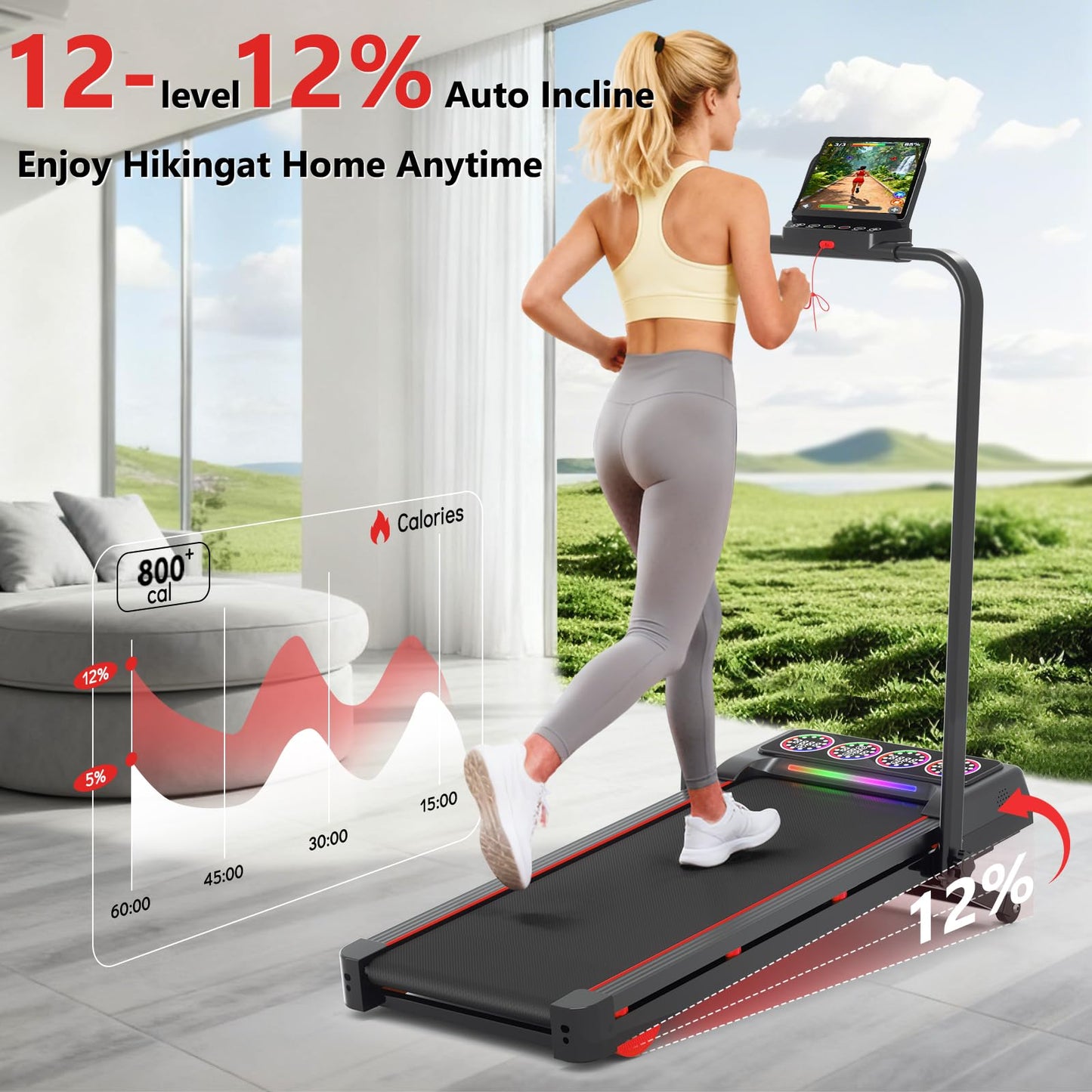 Ecogou Walking Pad Treadmill with 12% 12-Level Auto Incline,2 in 1 Foldable Under Desk Treadmill with Handle Bar,450 lbs Capacity RGB LED Screen Compact Treadmills for Home Hiking