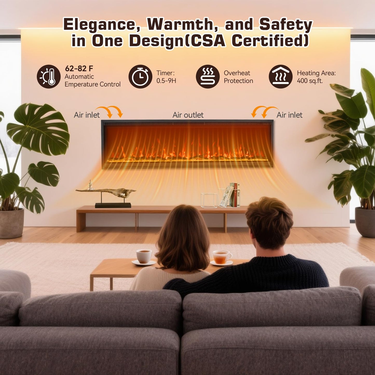 60" Linear Electric Fireplace Heater Insert: Ultra-Narrow Frame Wide Screen, 13 Flame & Ember Colors, 3 Top Light Colors. Wall Mount/Recessed,1500W/750W with Remote & Touch Control, Log & Crystal Set