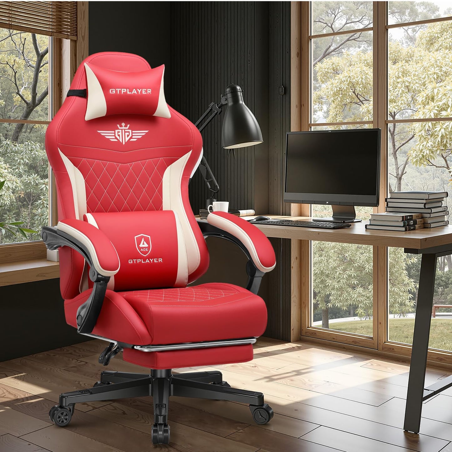 GTPLAYER Gaming Chair with Footrest, Big and Tall Game Chair High Back Computer Office Chair with Lumbar Support for Adults, Ergonomic Swivel Games Chair with Cushion Gaming, Leather Red
