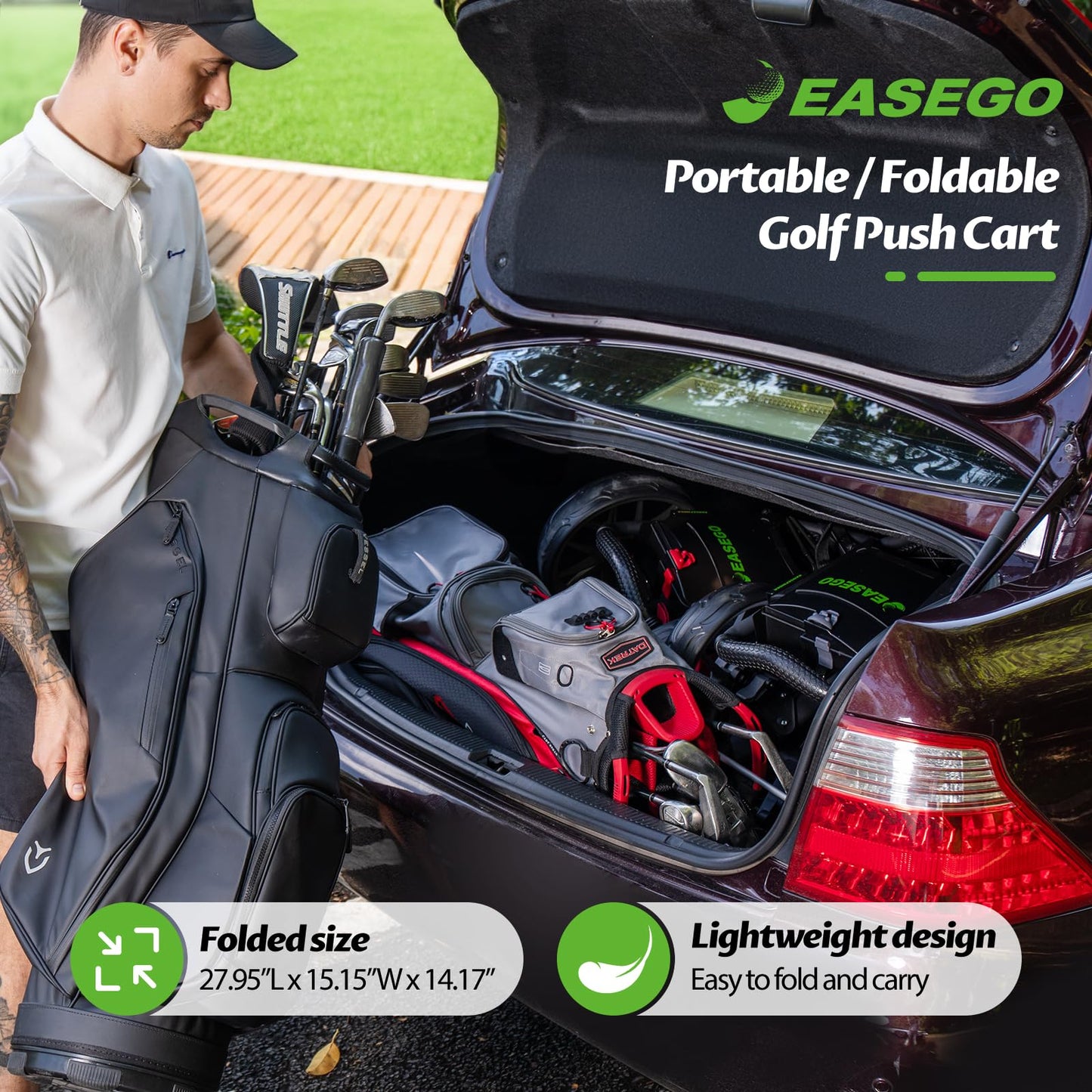 EASEGO Golf Push Cart 3 Wheel : Golf Bag Cart Foldable with Phone Holder/Cup/Umbrella Holder Compact Golf Pull Carts Quick Fold Golf Caddy Push Carts with Large Wheelbase for Different Terrain(Black)