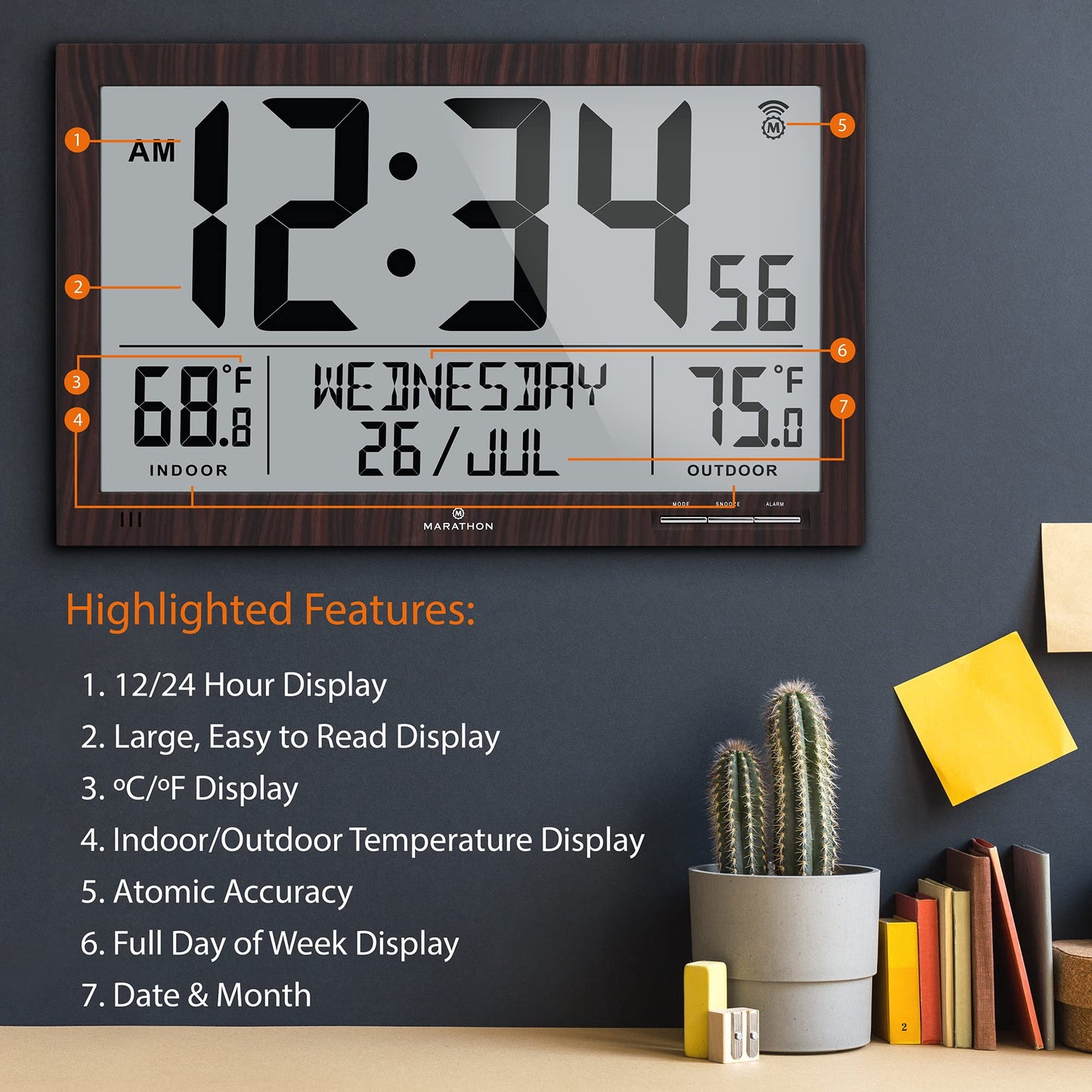 MARATHON Atomic Full Calendar Clock with Extra Large Digits Indoor and Outdoor Temperature