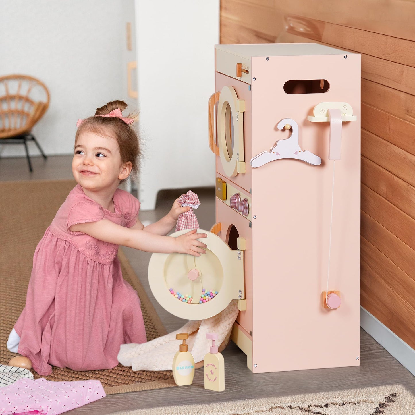 ROBOTIME Kids Washer and Dryer Playset – Wooden Laundry Pretend Play Set with Ironing, Color Beads Drum, Toy Washing Machine & Dryer Set for Toddlers Ages 3+, Gift for Boys and Girls