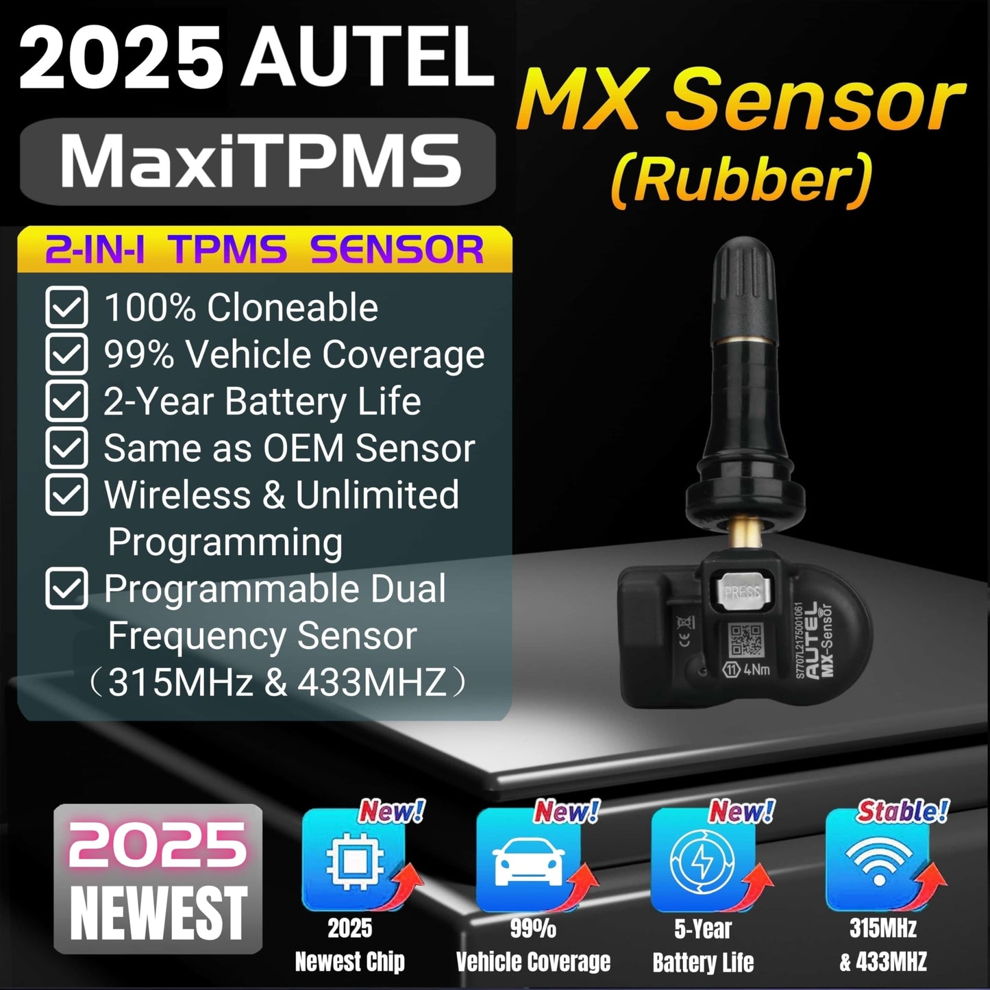 Autel TPMS Sensors Set of 4, Rubber Stem Tire Pressure Sensor, 315MHz & 433MHz MX Sensor, Programmable Tire Sensor Replacement, Work w/ TS408S TS501 TS508WF TS601 TS608 TS900 ITS600 PRO MK808TS