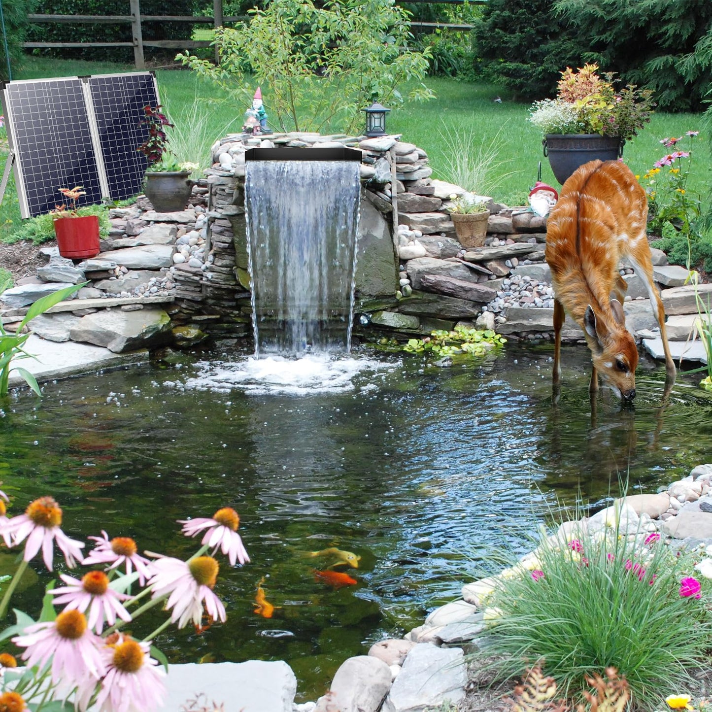 POPOSOAP 70W Solar Water Pump with Pond Waterfall Kit, 304 Stainless Steel Pond Waterfall Spillway, Pond Spillway with 9.8FT Corrugated Tubing for Garden Water Features-P5703