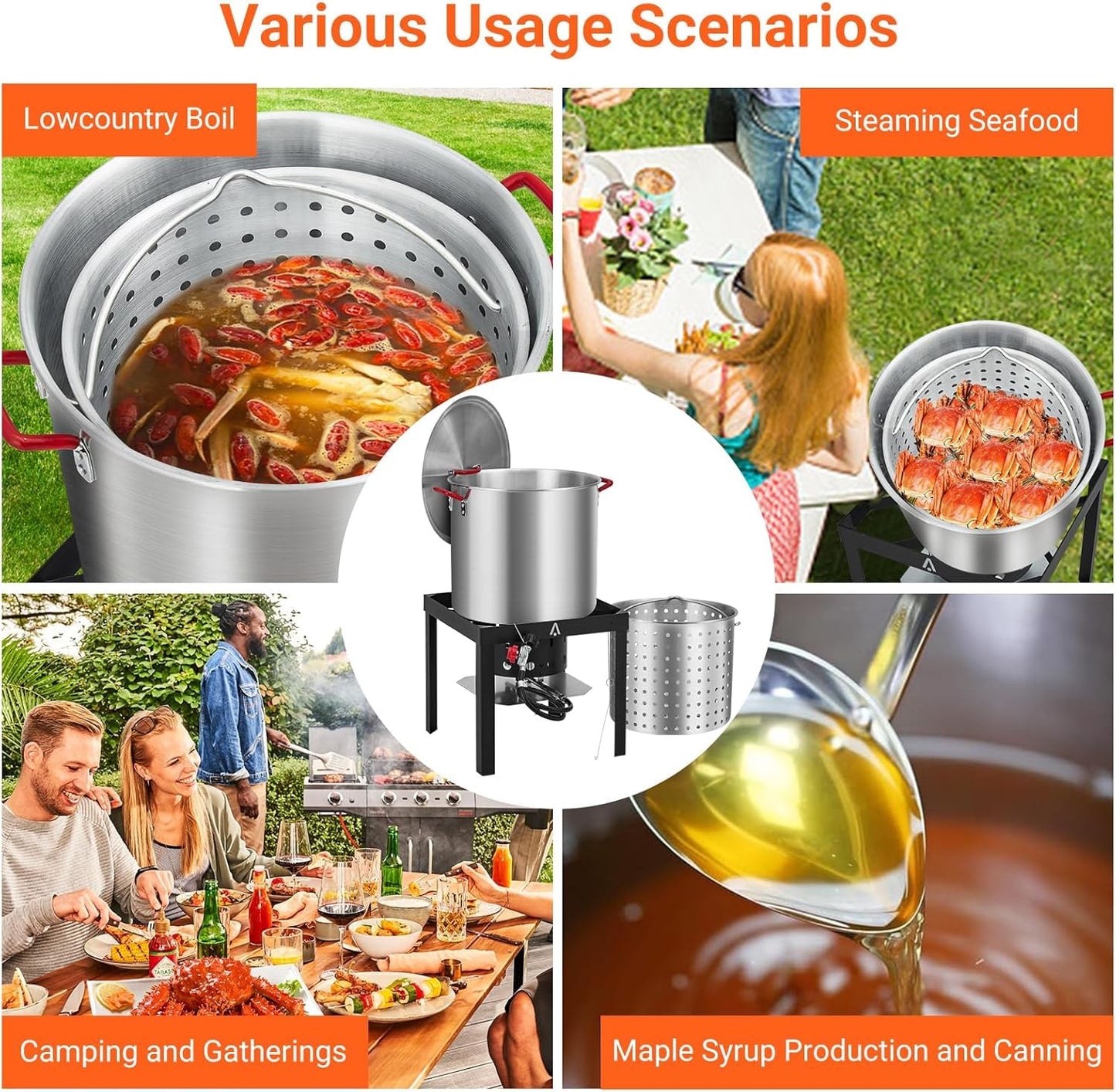 60-Quart Aluminum Seafood Boil Pot Kit with Steam/Boil Basket & Strainer, 110,000 BTU Propane Jet Burner & Lifting Hook, 10 PSI Regulator, Outdoor Crawfish, Shrimp, Crab Boiler and Fryer Combo