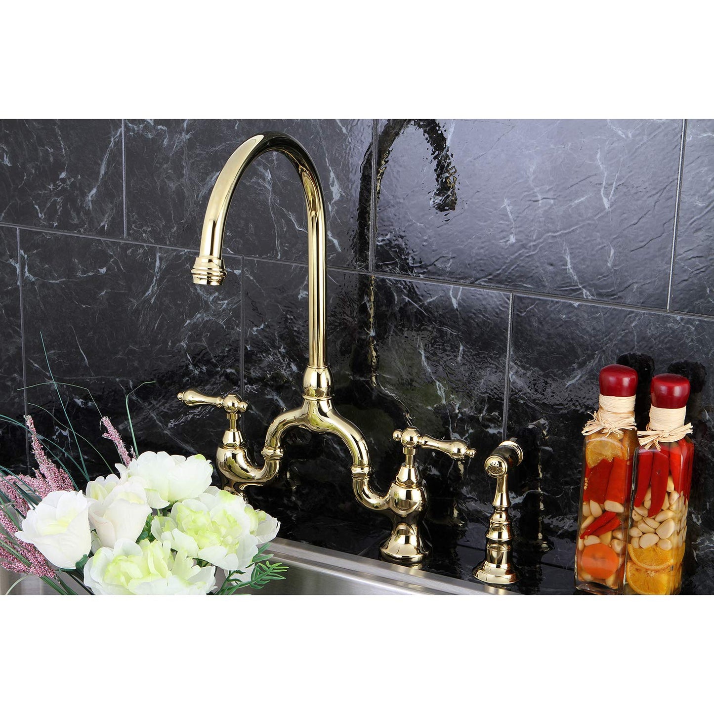 Kingston Brass KS7792ALBS English Country Bridge Kitchen Faucet, Polished Brass, 13.5 x 7.75 x 16.81