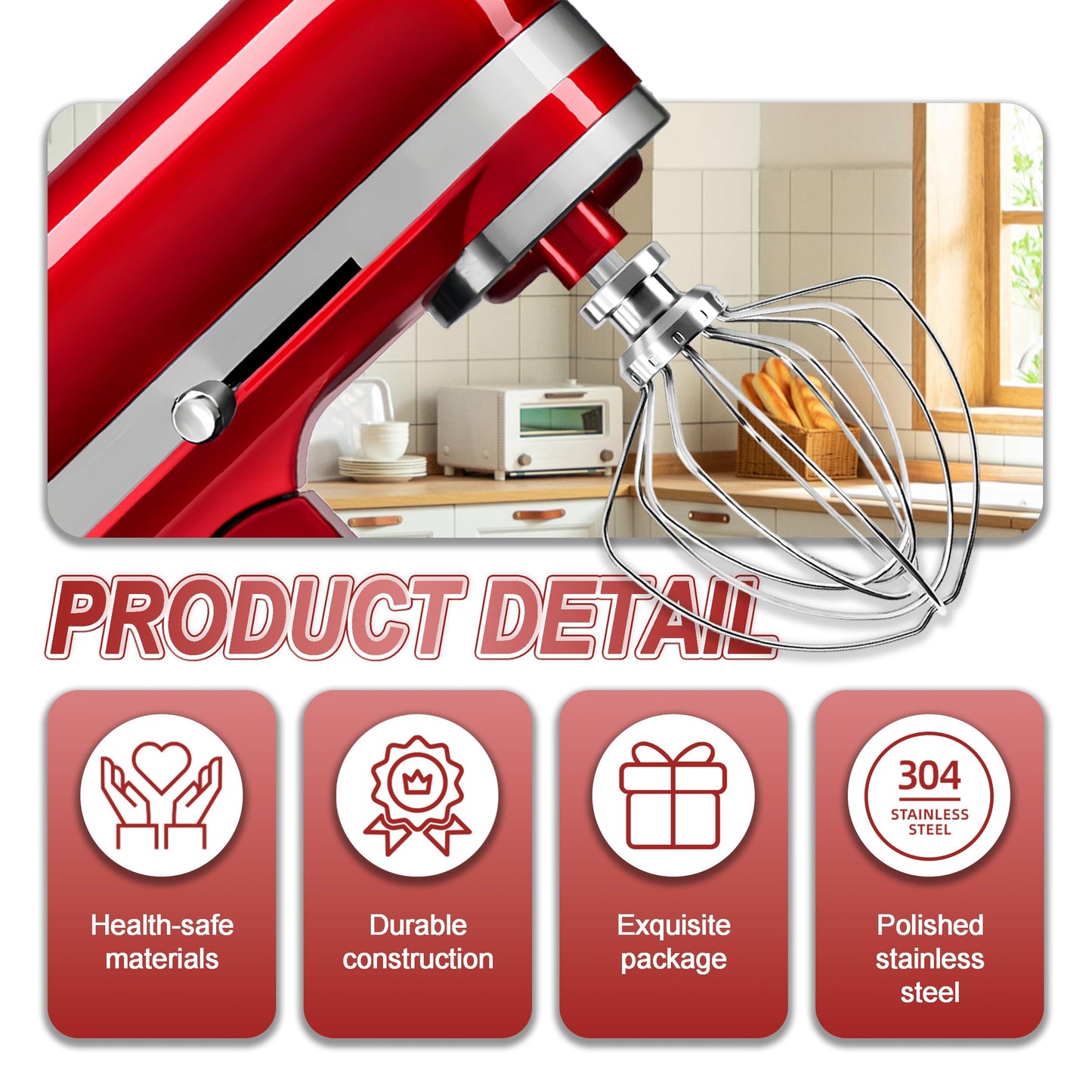 Dishwasher Safe 6 Wire Whisk,Upgrade Real Stainless Steel 6 Wire Whip Attachment for Kitchen aid Mixer,Replace K45WW Whisk Fits Kitchen aid 4.5-5 QT Tilt-Head Stand Mixer,Fast Whipping,No Aluminum