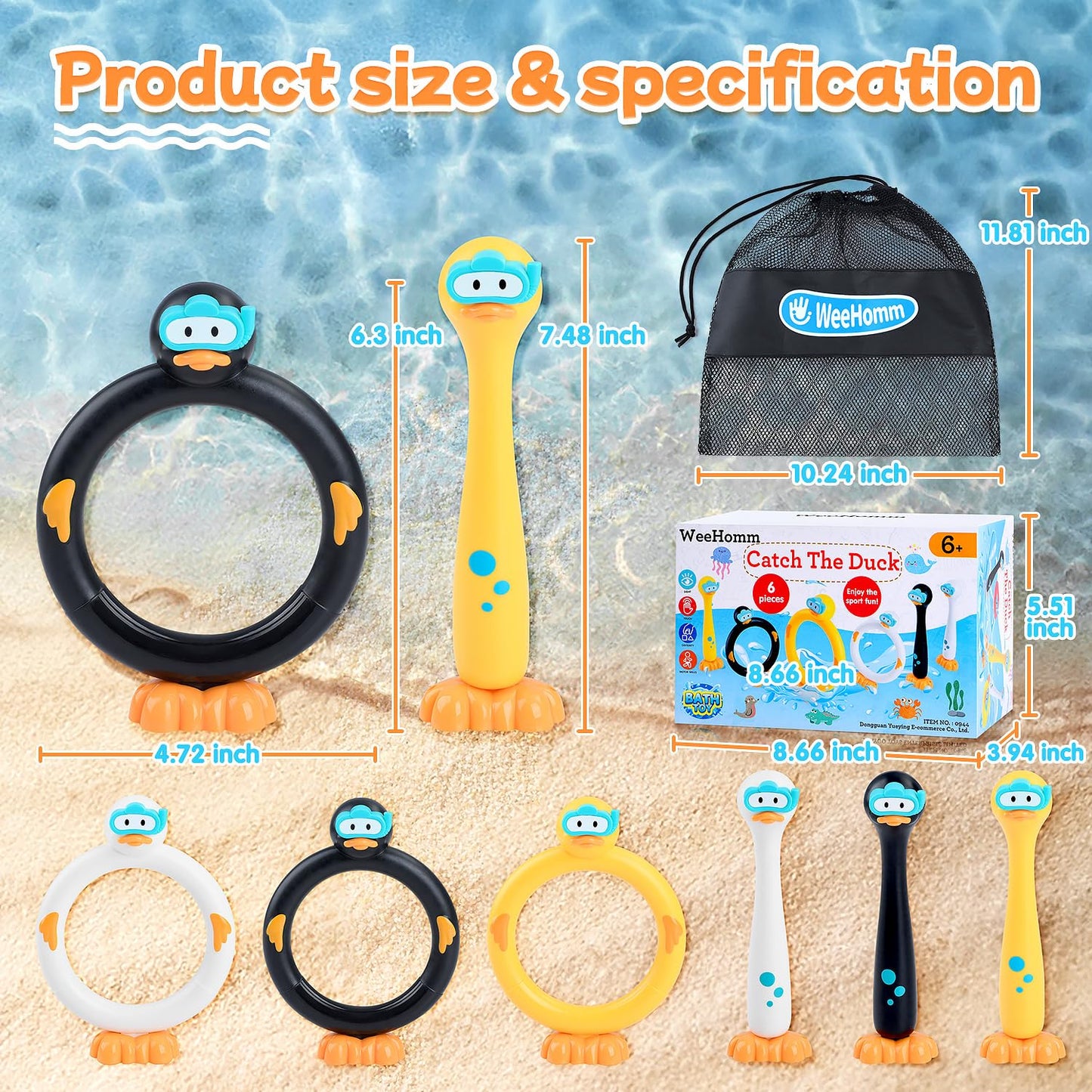 WeeHomm Pool Diving Toys for Kids, 6 PCS Swimming Pool Diving Rings, Summer Sticks Toys for Kids Ages 4-8 8-12, Fun Underwater Grow Training for Boys Girls