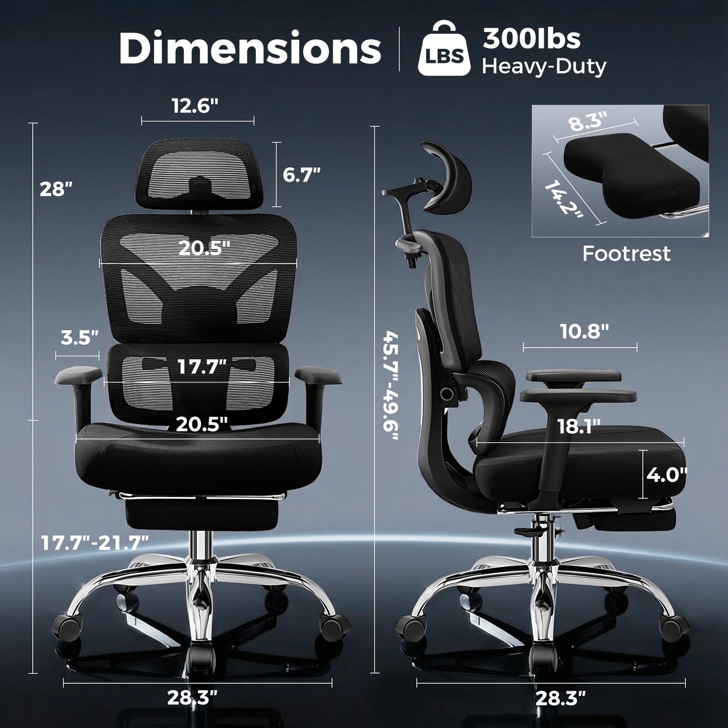 TECHREST Ergonomic Office Chair with Footrest, Big and Tall Home Desk Chair, High Back Rolling Computer Chair with 3D Arms and Lumbar Support, Comfortable Gaming Chair, Swivel Mesh Chairs, Black