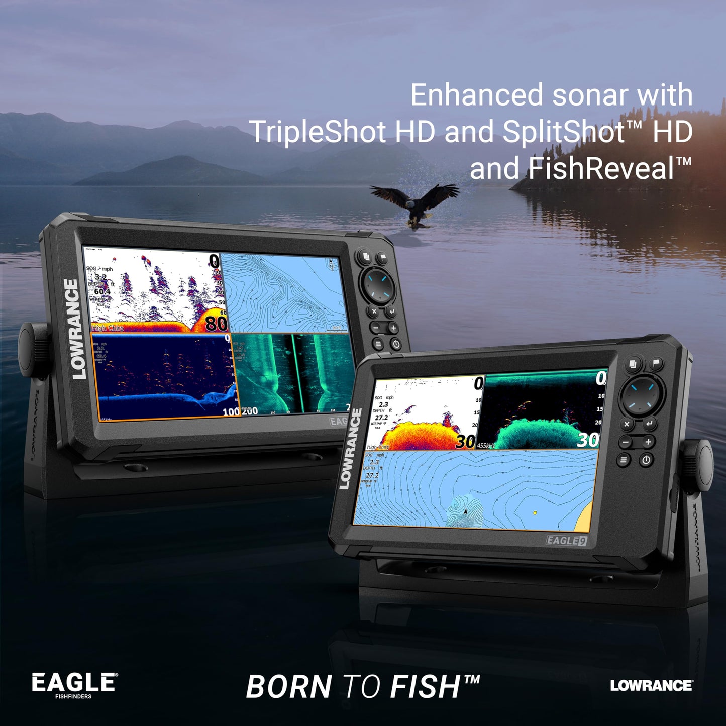 Lowrance Eagle 9 FishFinder/Chartplotter with TripleShot HD Transducer and C-MAP Inland Charts, 9-inch IPS Screen, Black, 000-16126-001
