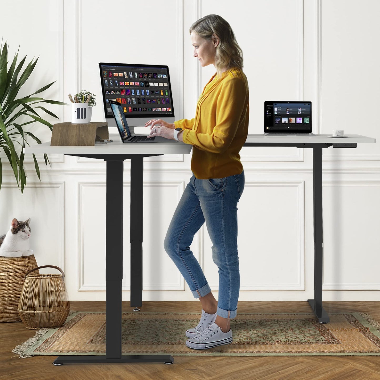 AVLT 47″ Electric L-Shaped Standing Desk (65 "x 70.9") – Motorized Triple-Motor Height Adjustable Sit-Stand Corner Workstation, Swappable Mid-Foot Design, Frame Only (Black)