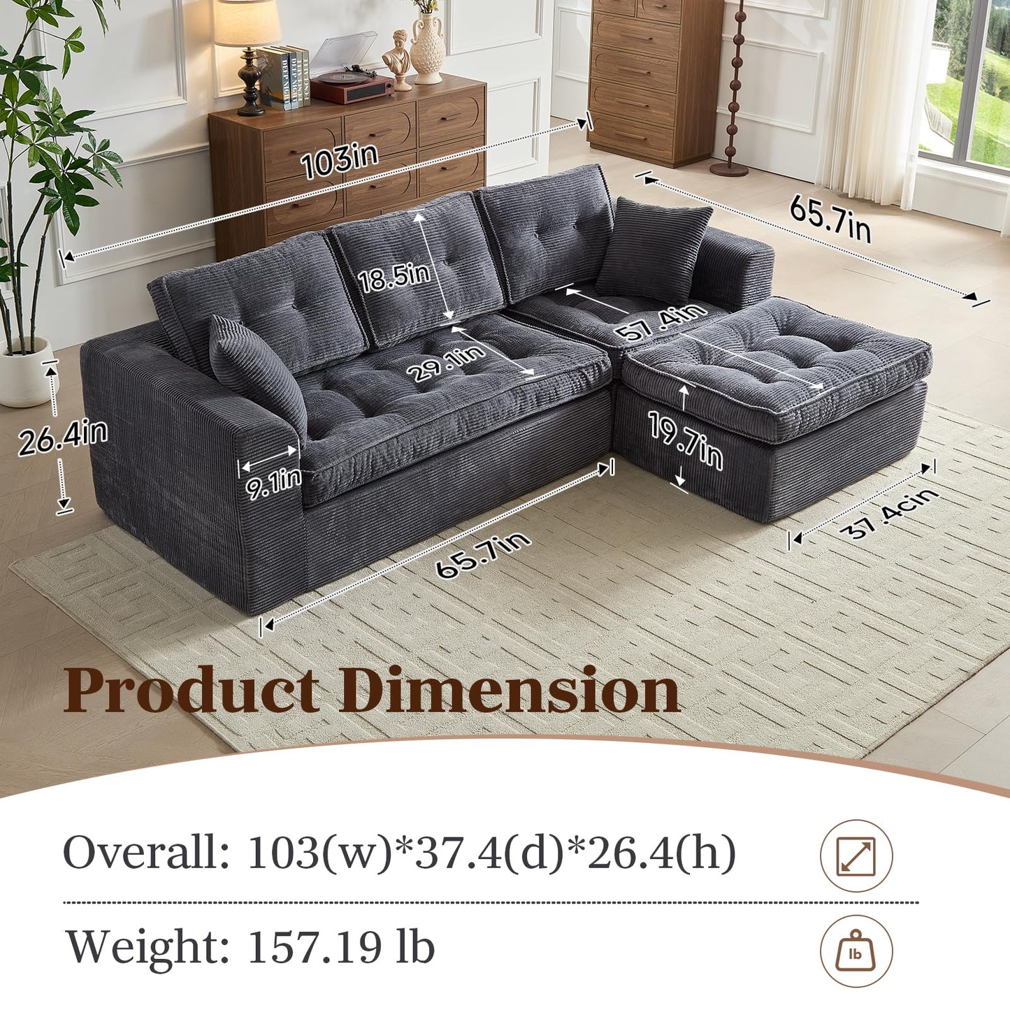 ROXGOX Modular Sectional Sofa, Modern Boneless Couch with L-Shape Chaise, Home Sectional Comfy Sofa Set for Living Room Bedroom and Floor, Plush Corduroy, No Assembly Required (Gray)