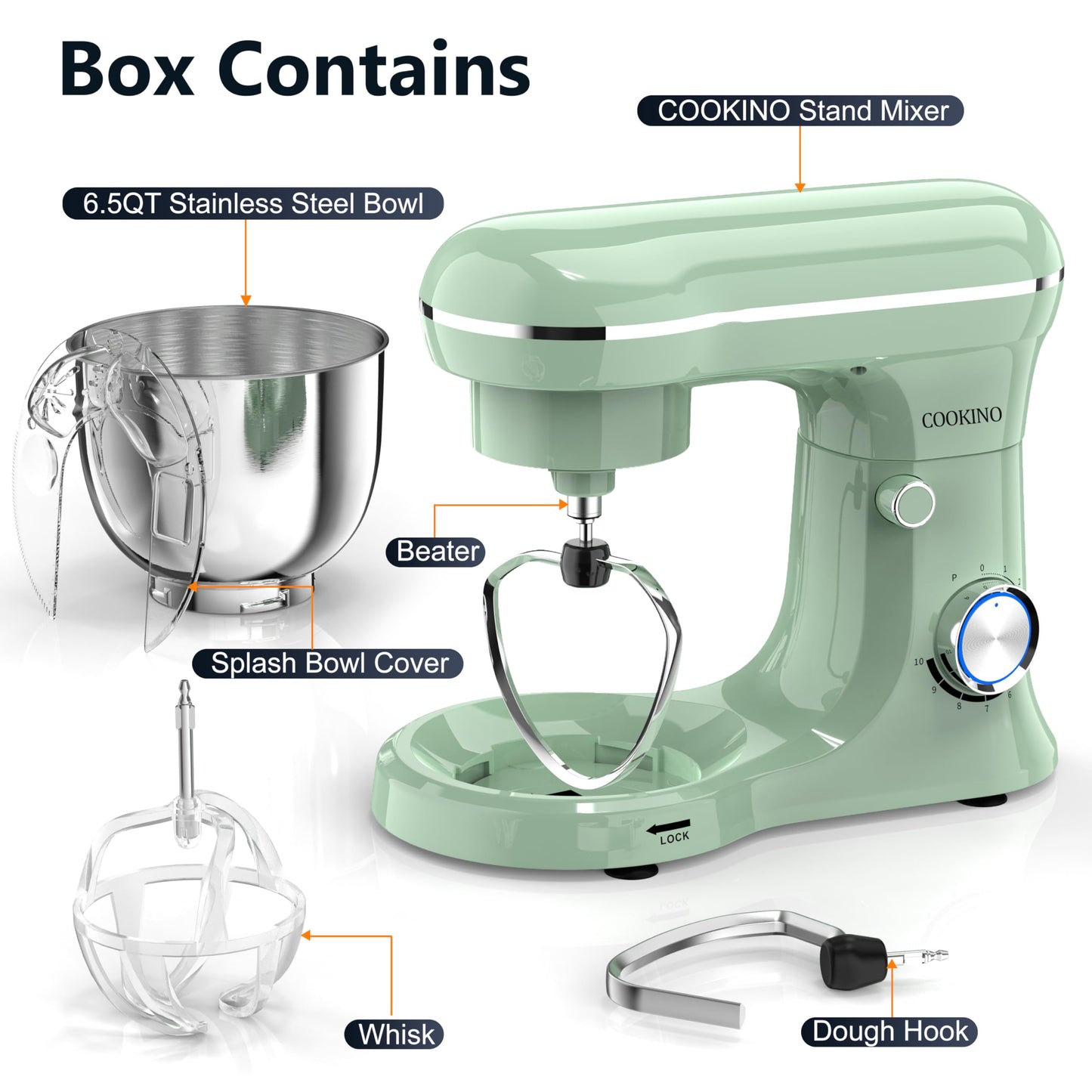COOKINO Electric Stand Mixer,10 Speeds 660W Tilt-Head Food Mixer, 3-IN-1 Kitchen Mixer for Daily Cooks with 6.5 QT Bowl,Dough Hook, Beater, Whisk (Agave Green)