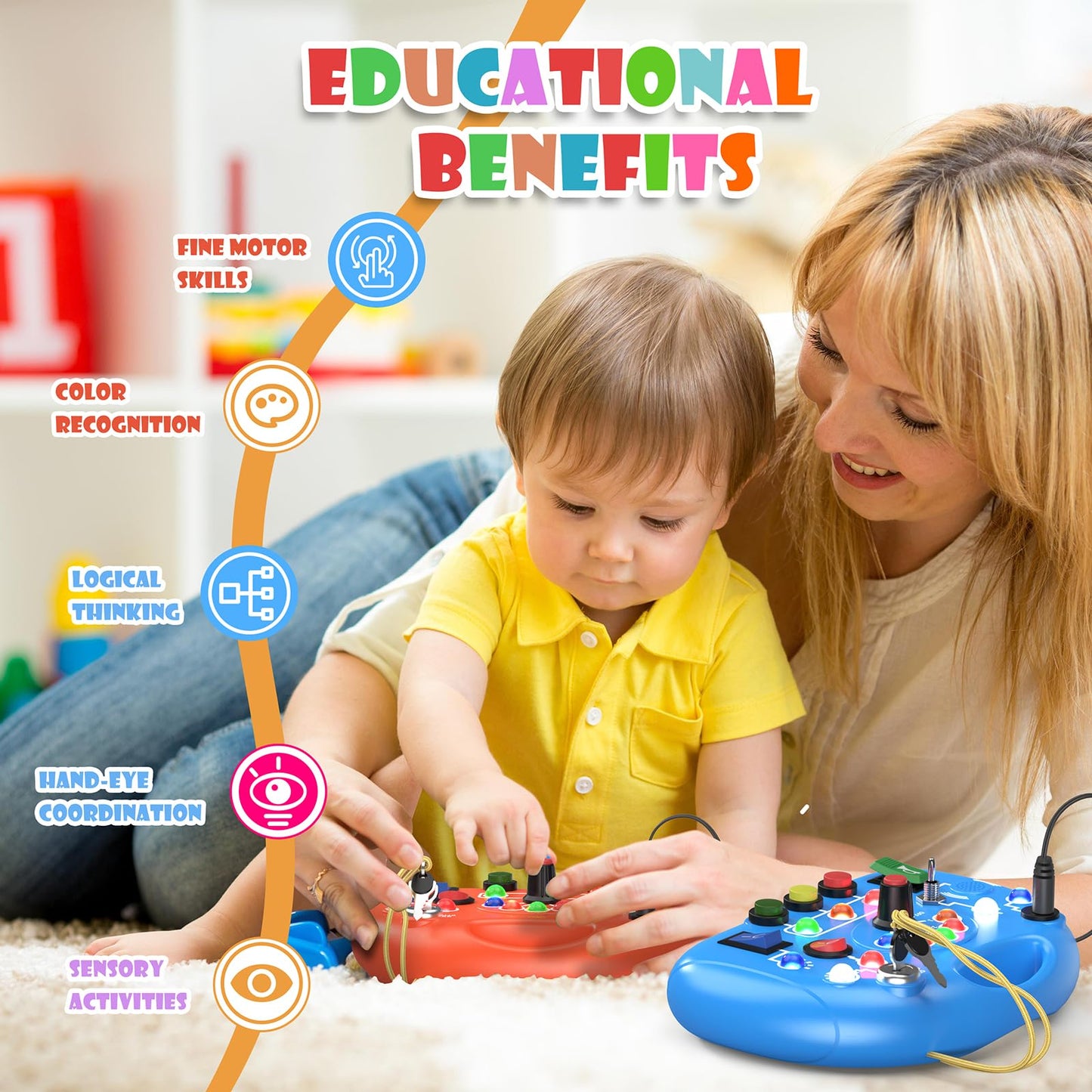 JIWORT Montessori Busy Board for 1 Year Old, Busy Board with LED Light, Baby Sensory Board Toddler Travel Toys for Kids Preschool Learning Activities Boys & Girls Birthday (Orange)