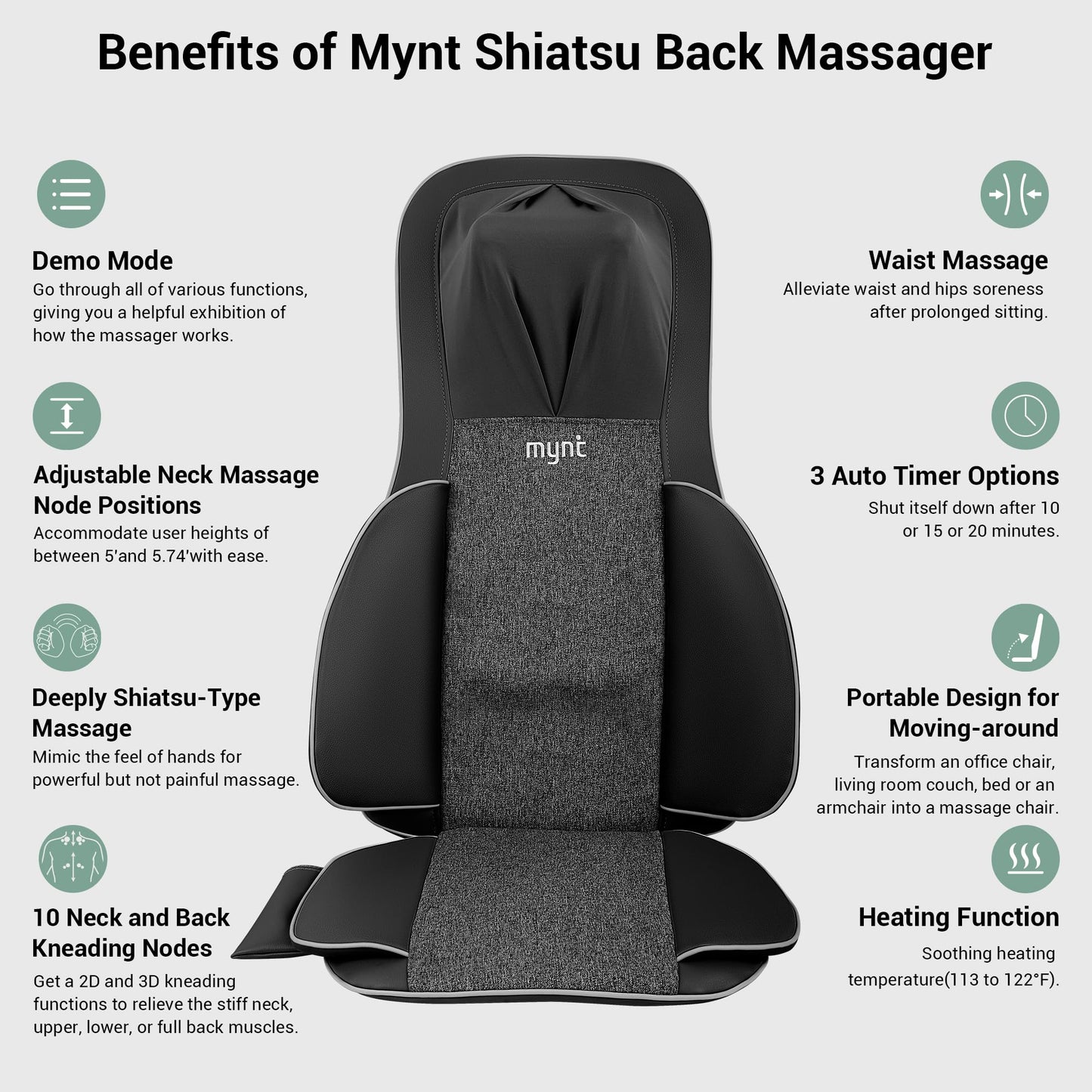 Mynt 2D & 3D Shiatsu Neck and Back Massager for Chair with 10 Deep Kneading Nodes, Back Massage with Heat, Portable Spot Massage Chair Pad (Black)