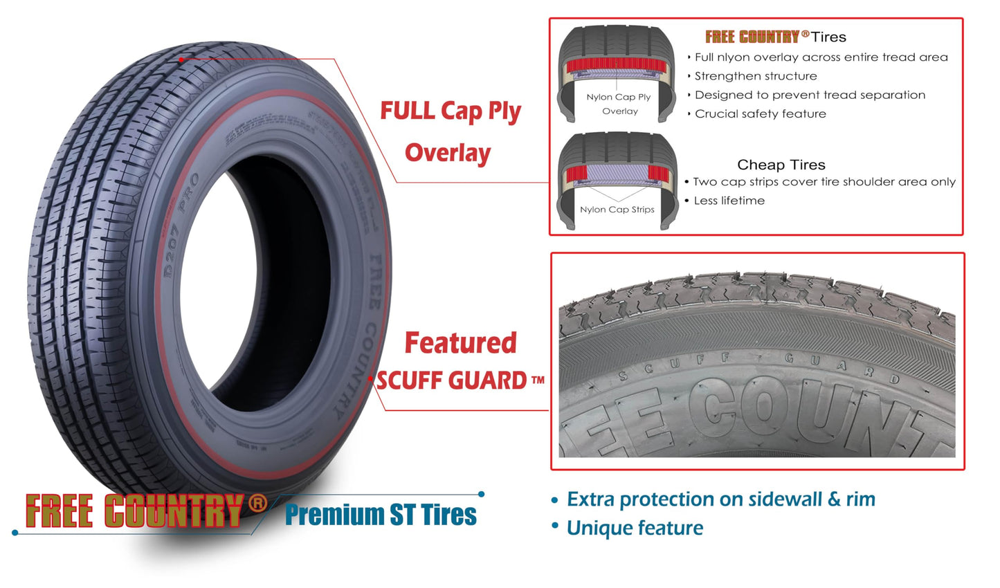 Grand Ride 3 Premium FREE COUNTRY Trailer Tires ST 205/75R14 / 8PR Load Range D Steel Belted w/Scuff Guard