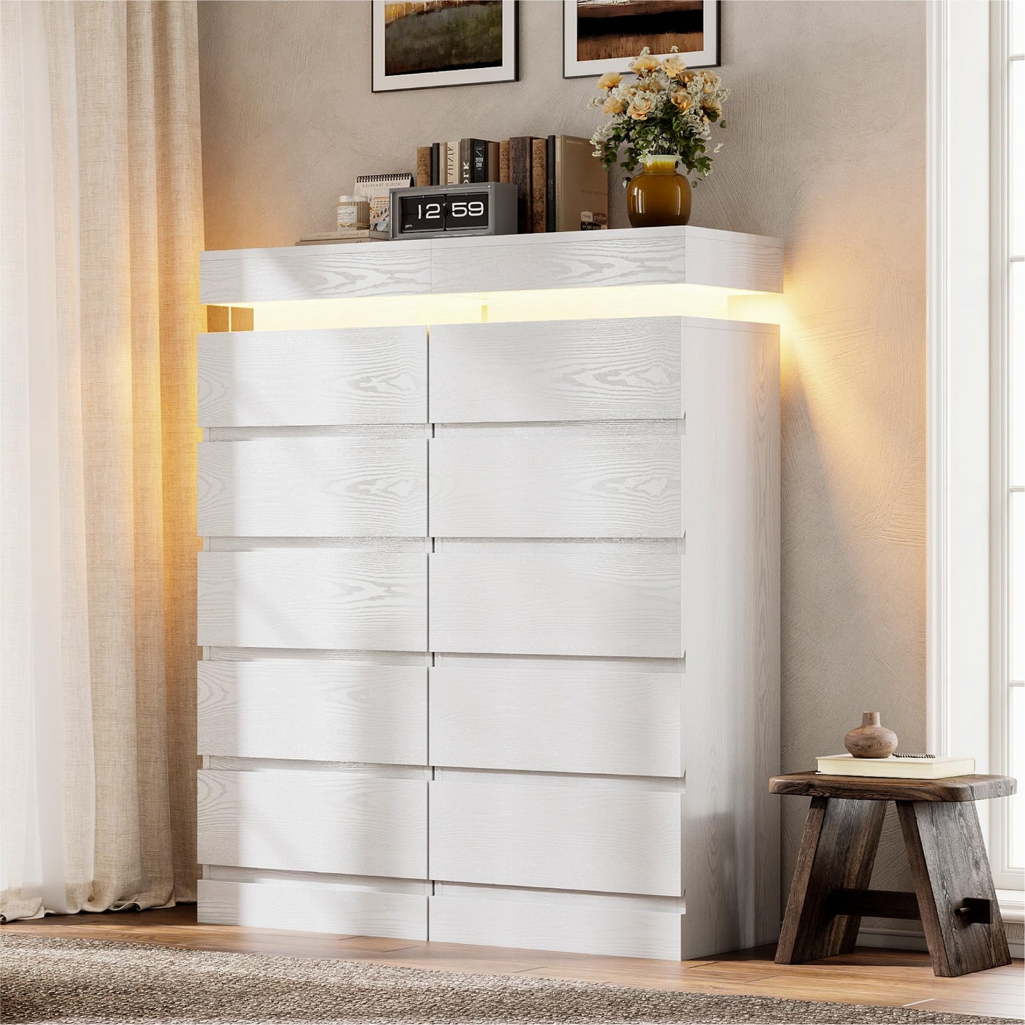 LIKIMIO 54" Tall 5 Drawer Dresser for Bedroom, White Dresser with LED Light and Power Outlet, Wooden Modern Chest of Drawers for Living Room, Entryway, Hallway