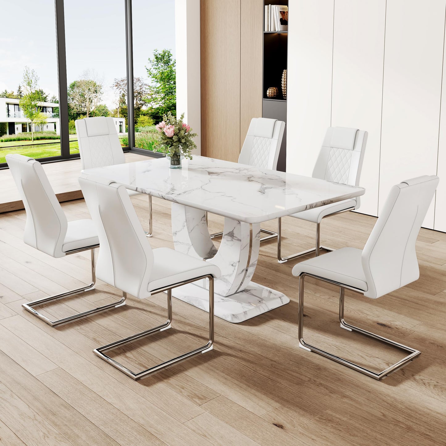 JUFU Modern Dining Table Set for 6,Rectangula Dining Room Table Set with 63 in Faux Marble Tabletop&6 Pu Leather Upholstered Chairs Ideal for Dining Room, Kitchen ( 63'Dining Table Set 6 +White)