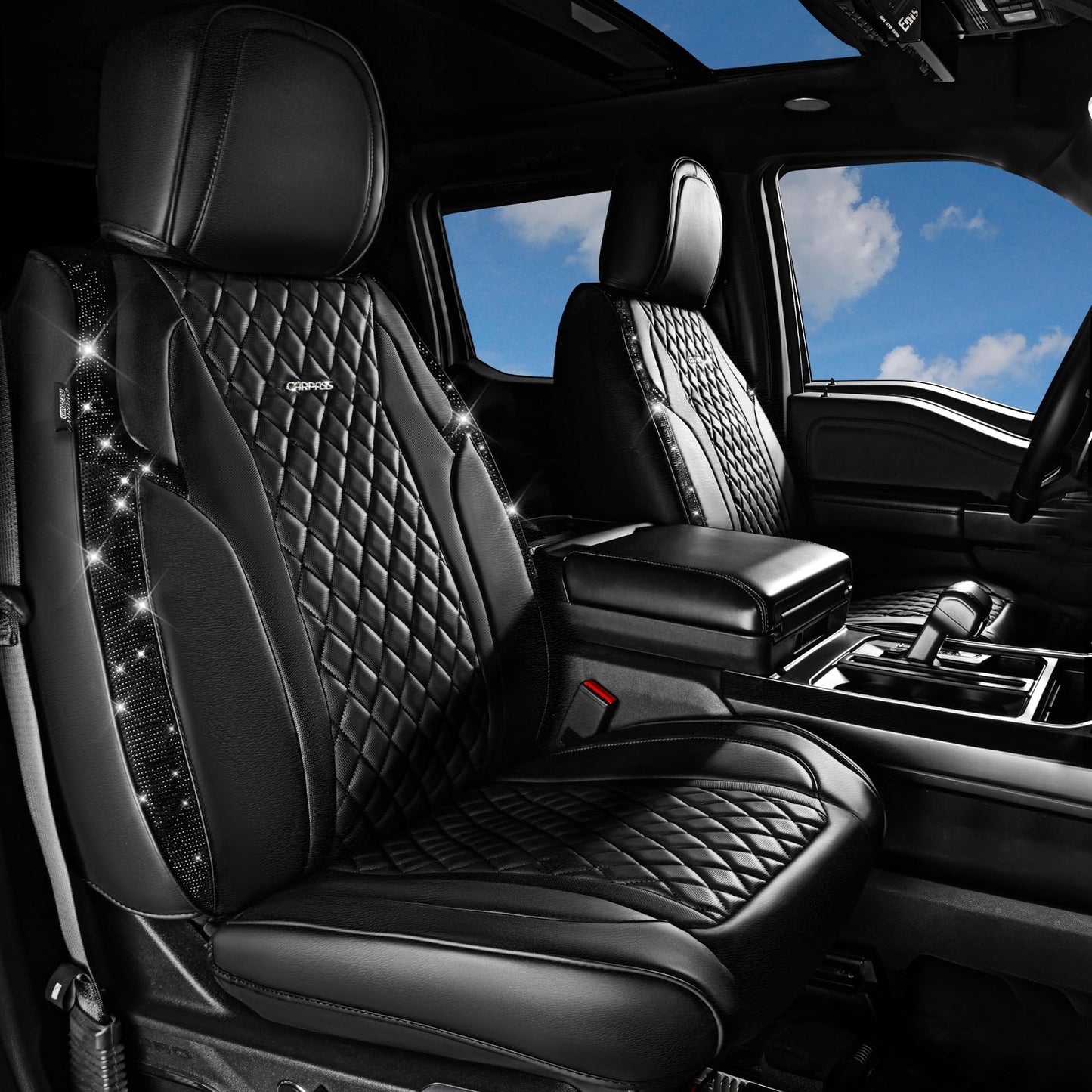 CAR Pass Bling Car Seat Covers, Microfiber Nappa Leather Luxury Cushioned, Waterproof Heavy-Duty Anti-Slip Universal Fit for Auto SUV Sedan, Sparkly Glitter Shining Rhinestone Full Set, Black Diamond