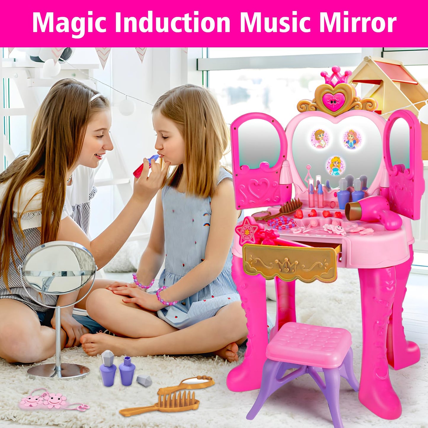 Toddler Vanity Magic Makeup Set Table & Chair Girl Toy Automatically Mirror with Music Light Pink Toys for 2 3 4 Year Old Girl Hair Salon Pretend Play Princess Dress Up Playset Valentine Gift Age 3-5
