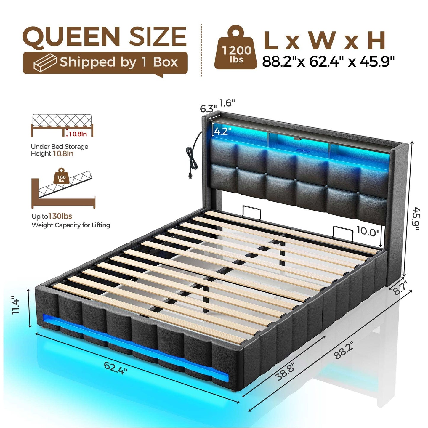 Rolanstar Bed Frame Queen Size with Lift Up Storage, Charging Station & LED Lights, Upholstered Storage Headboard, Heavy Duty Wooden Slats, No Box Spring Needed, Noise Free, Easy Assembly, Black