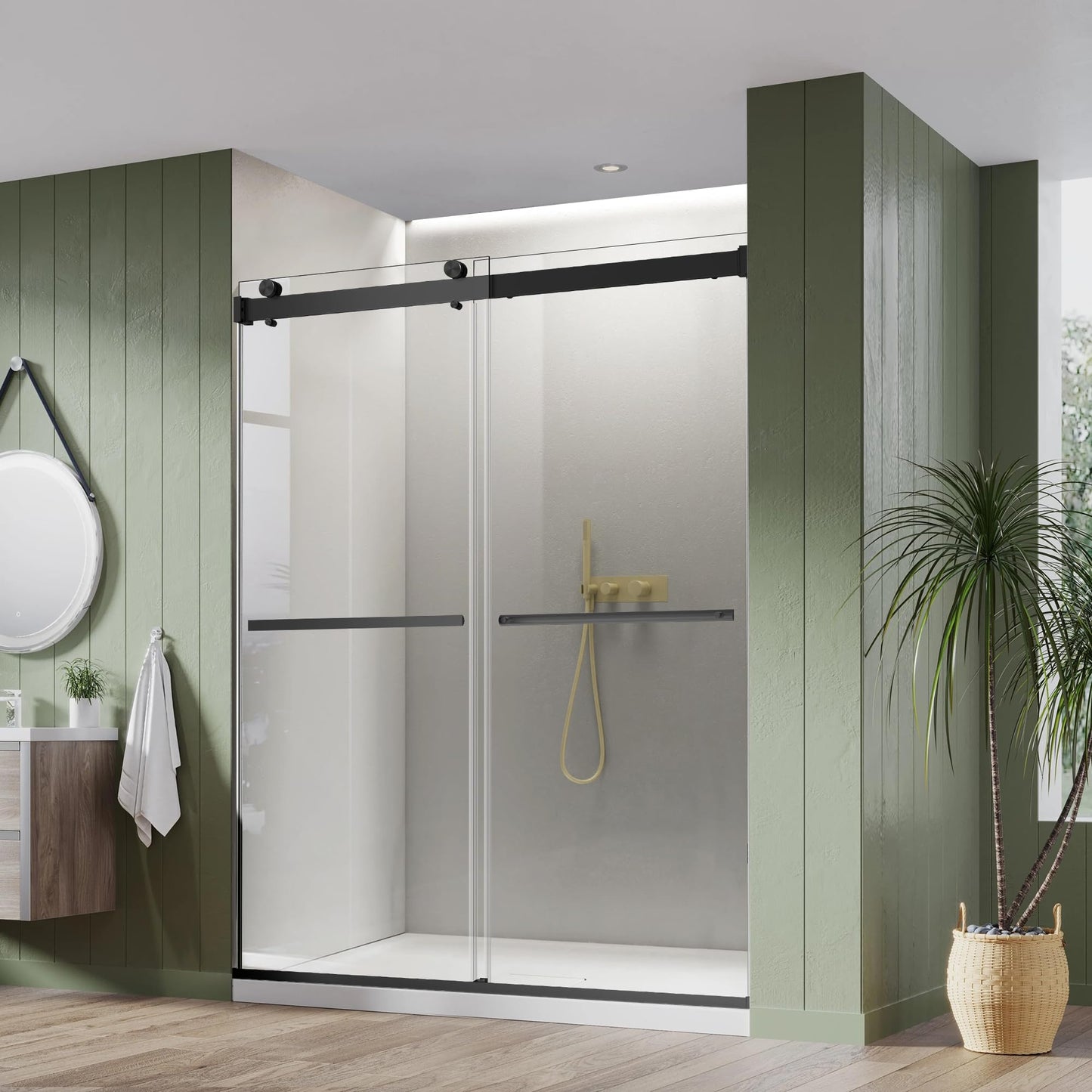 Bathroom Double Sliding Shower Door, 64" W × 76" H Frameless Shower Enclosure with 5/16"(8mm) Clear Tempered Glass Door, Matte Black Hardware, for Walk-in Bathroom
